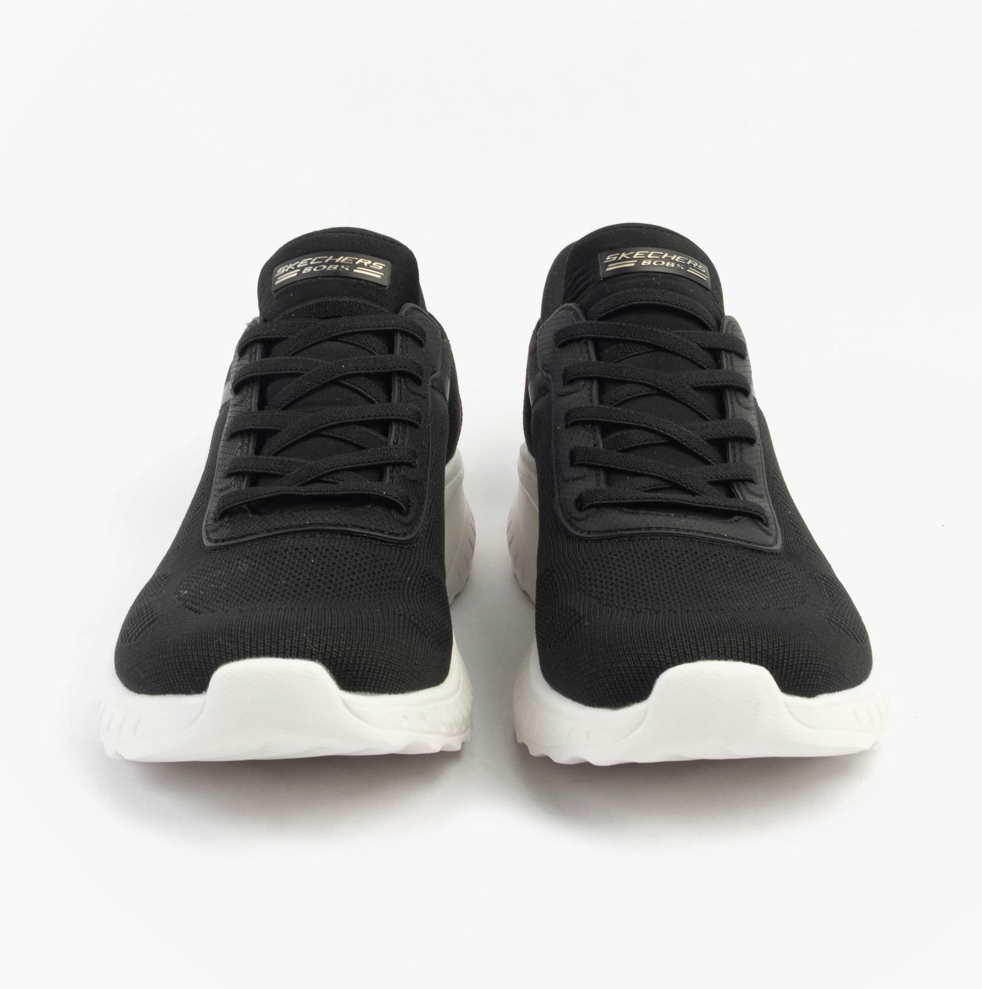 Skechers 117497/BLK BOBS SPORT SQUAD Womens Trainers Black front view showcasing lace-up closure and textile upper.