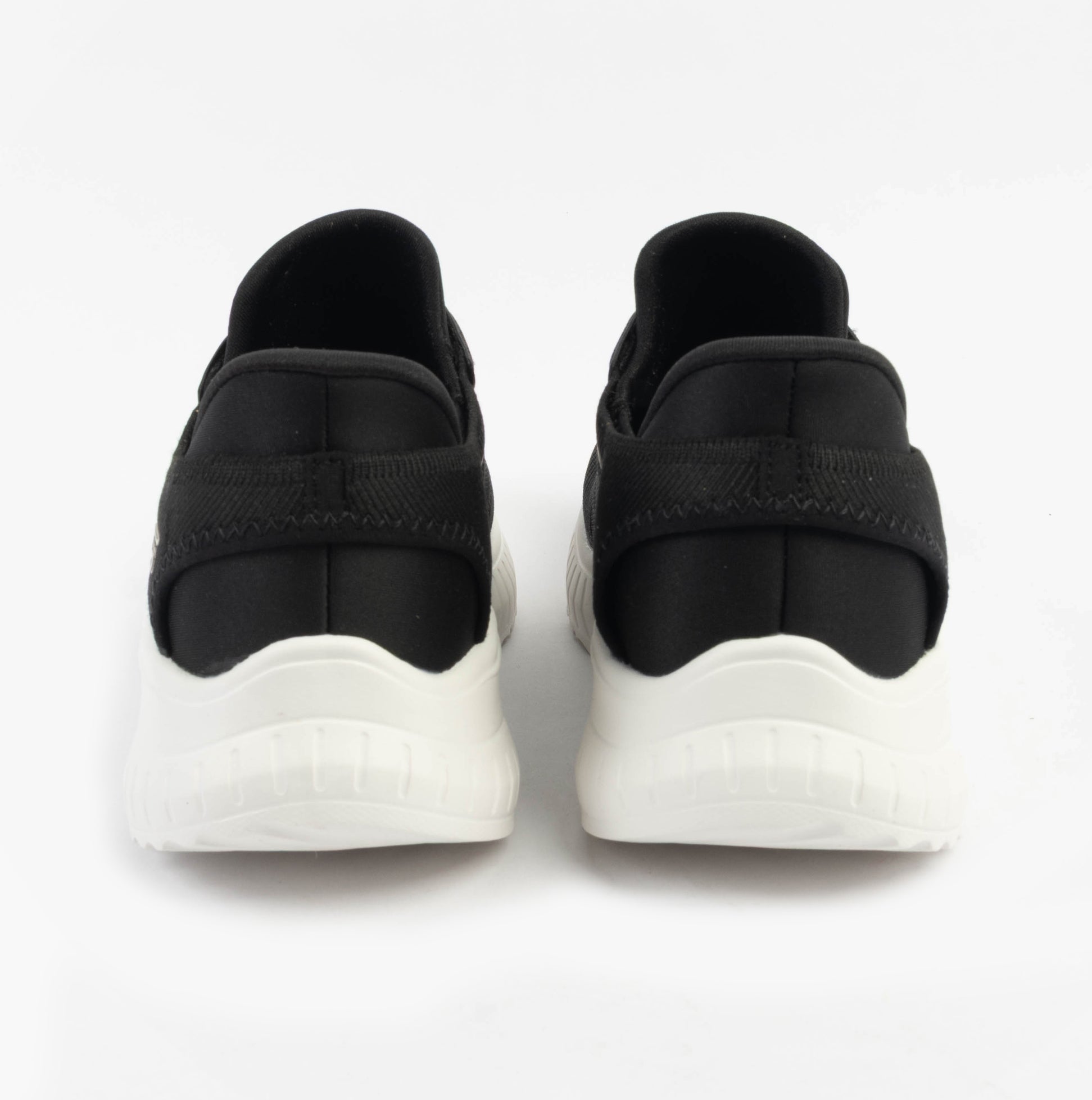 Skechers 117497/BLK BOBS SPORT SQUAD Womens Trainers Black rear view, black textile upper with white sole.
