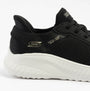 Skechers 117497/BLK BOBS SPORT SQUAD Womens Trainers Black side view with textile upper and rubber sole.