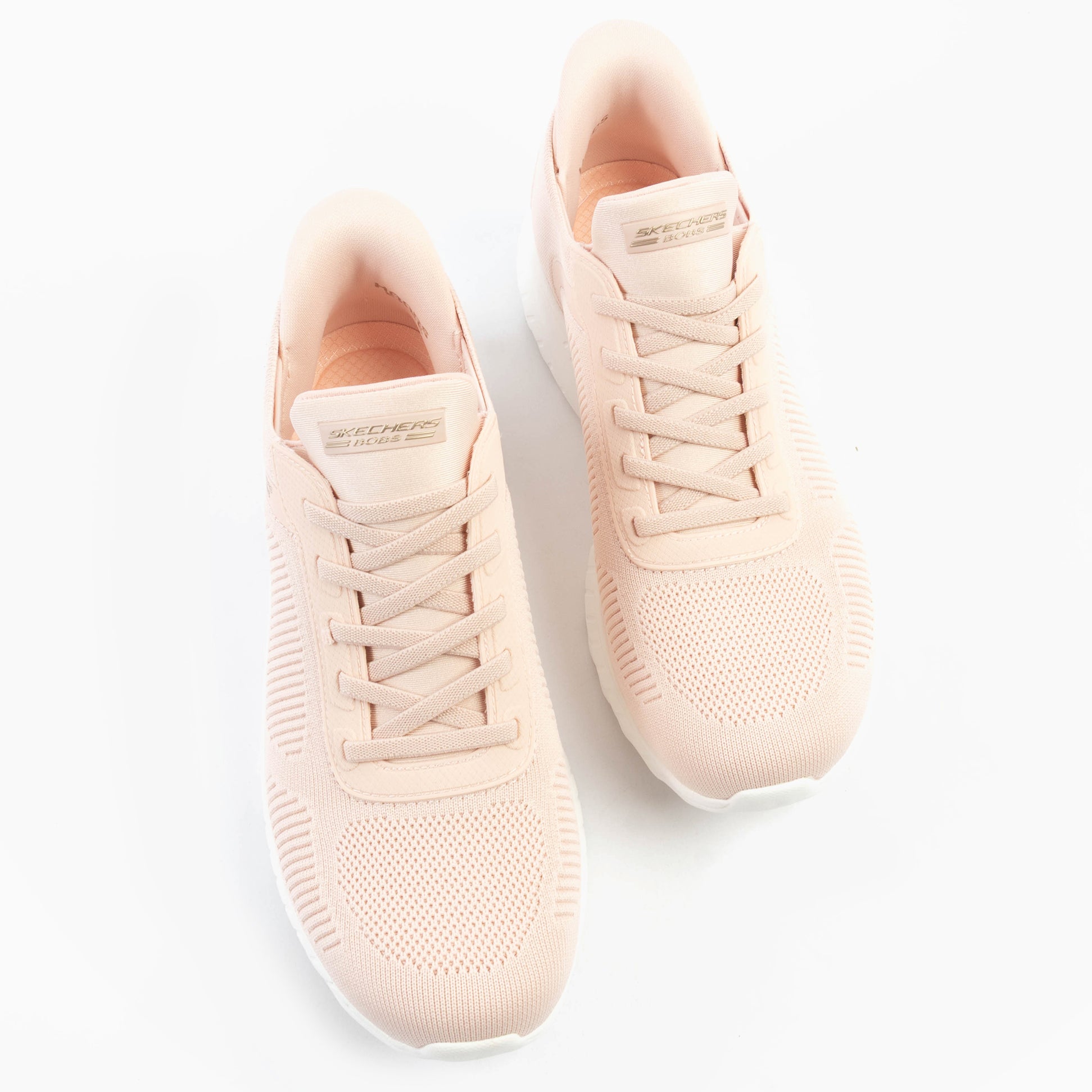 Skechers 117497/LTPK BOBS SPORT SQUAD Womens Trainers Light Pink, top view showcasing the casual lace-up design and textile upper.