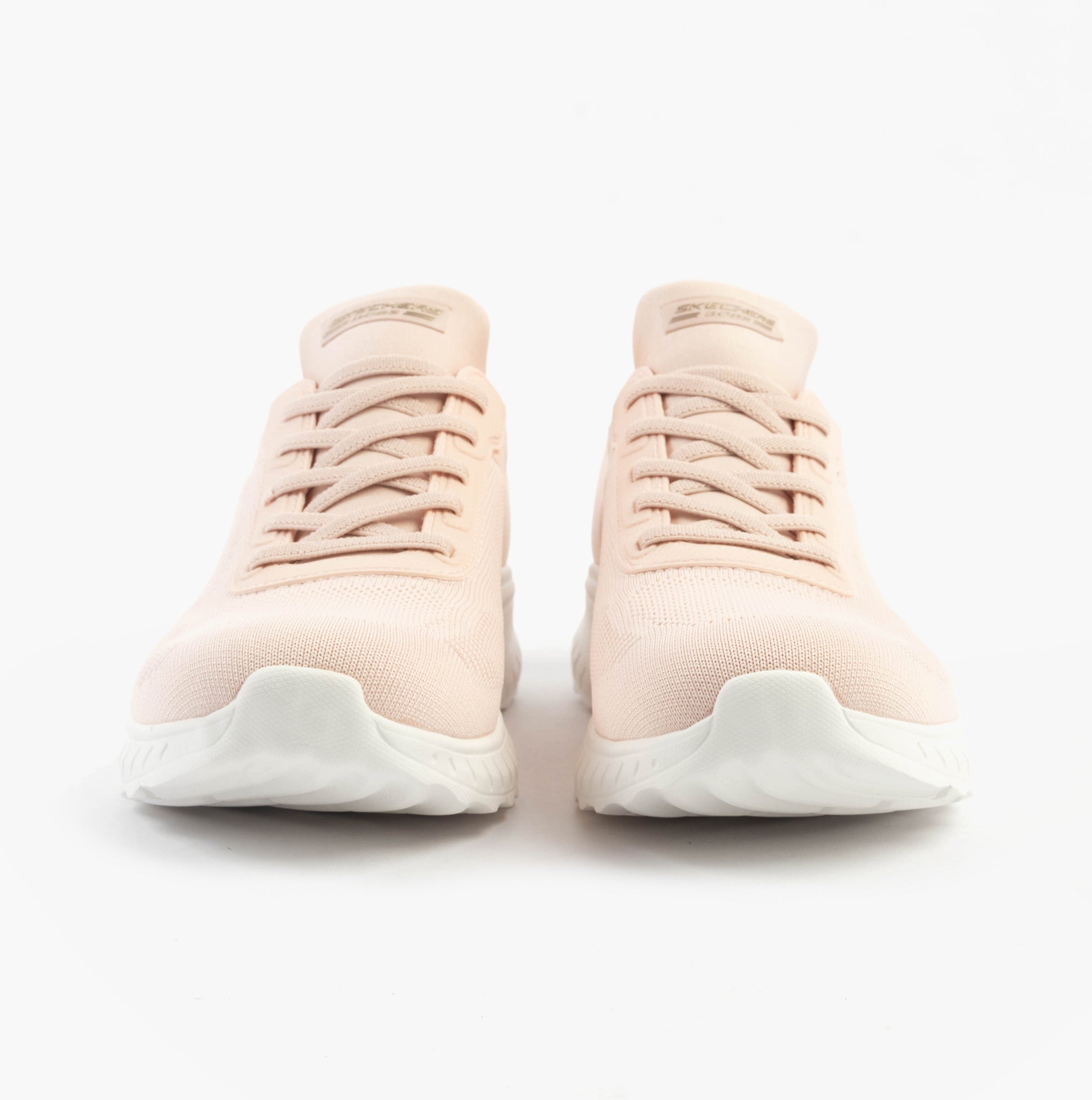 Skechers 117497/LTPK BOBS SPORT SQUAD Womens Trainers Light Pink front view showcasing lace-up design and textile upper.