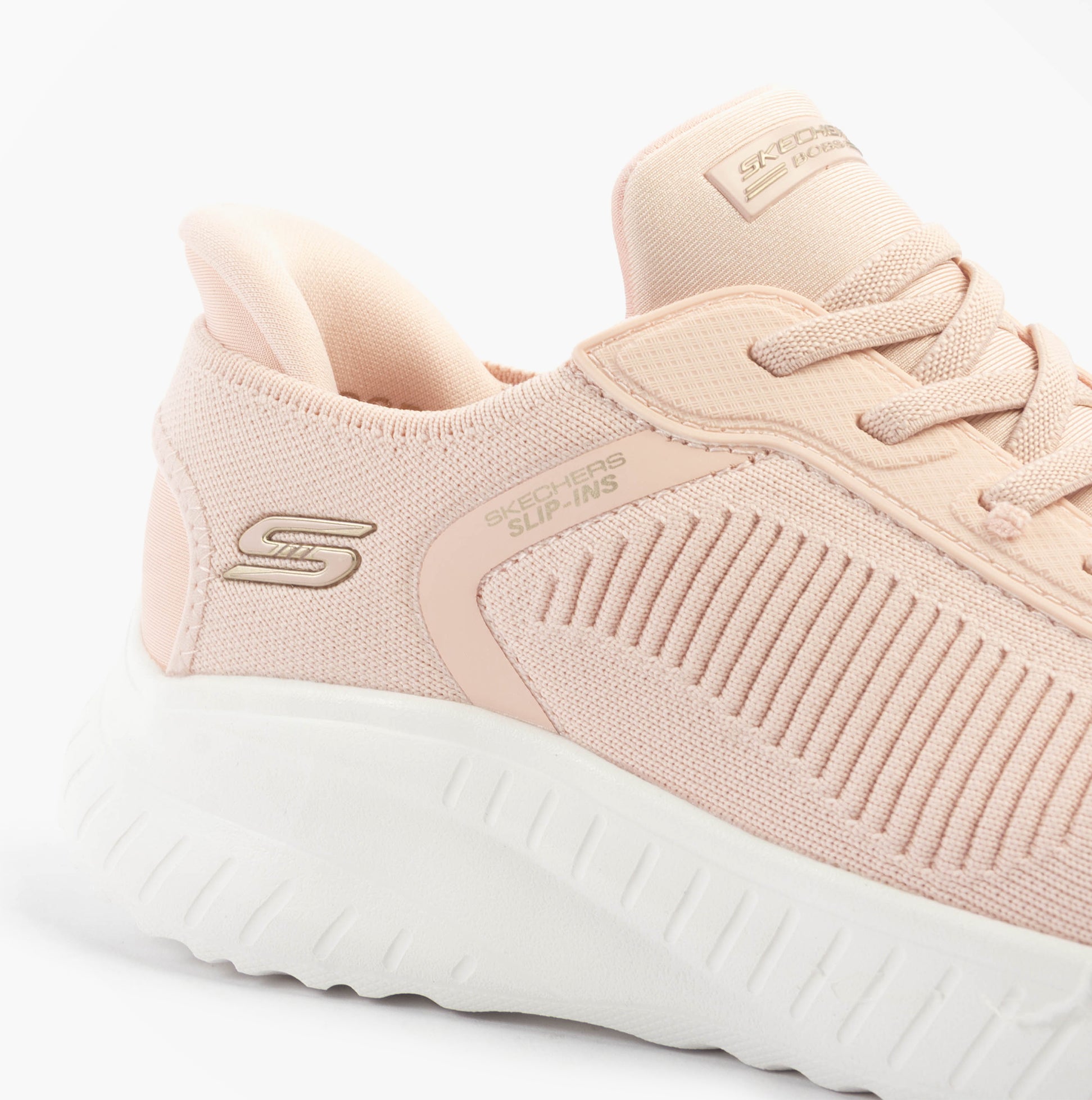 Skechers 117497/LTPK BOBS SPORT SQUAD Womens Trainers Light Pink side view showcasing textile upper and lace-up closure.