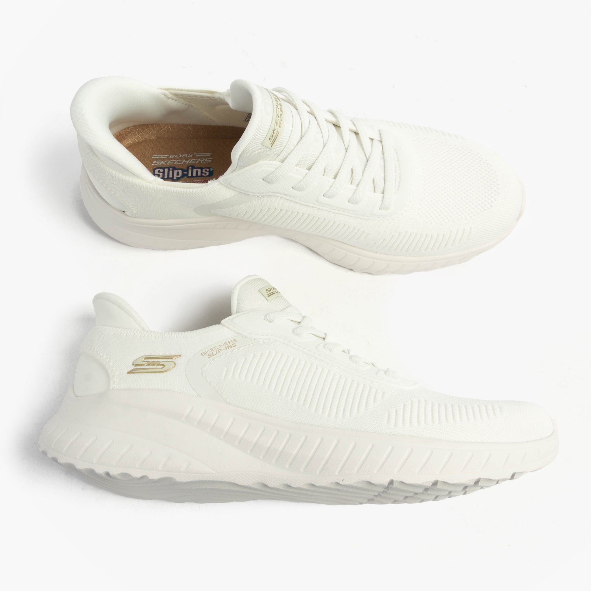 Skechers 117497/OFWT BOBS SPORT SQUAD Womens Trainers Off White top and side view showcasing lace-up design and memory foam.