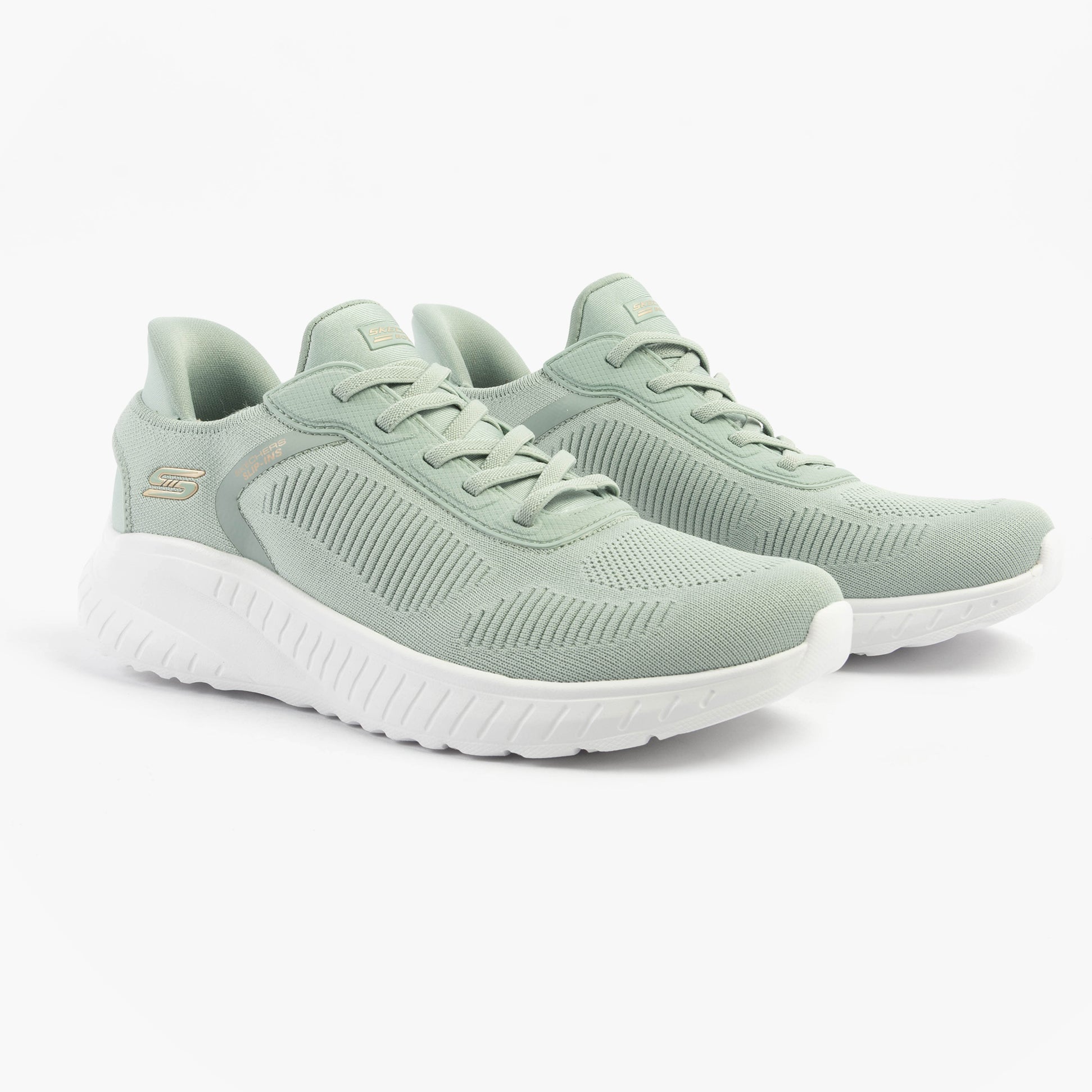 Skechers 117497/SAGE BOBS SPORT SQUAD Womens Trainers Blue side view showing textile upper and lace-up closure.