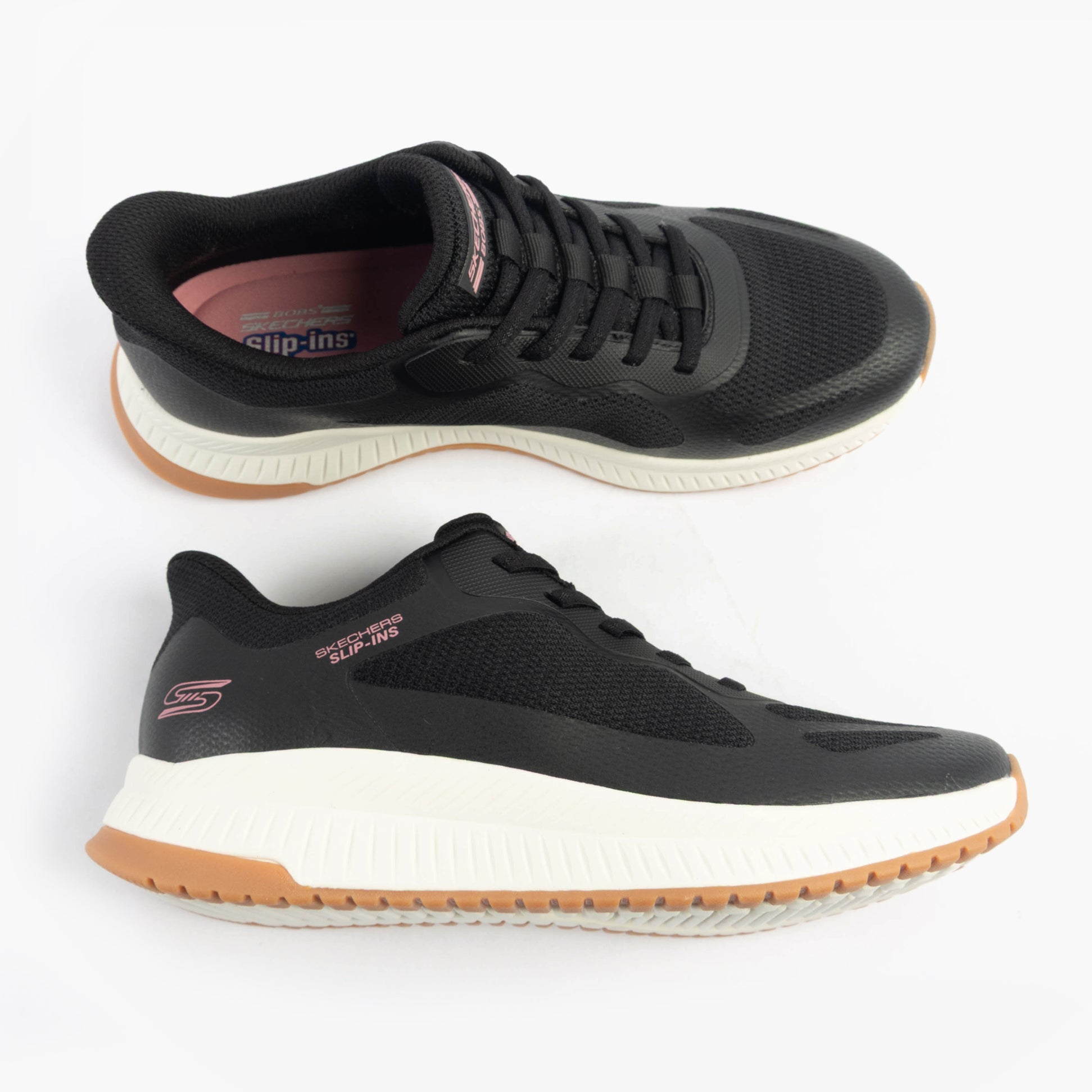 Skechers 117624/BLK BOBS SQUAD 4 - STAPLE LOOK Womens Trainers Black top view and side view of black trainers with lace-up design.