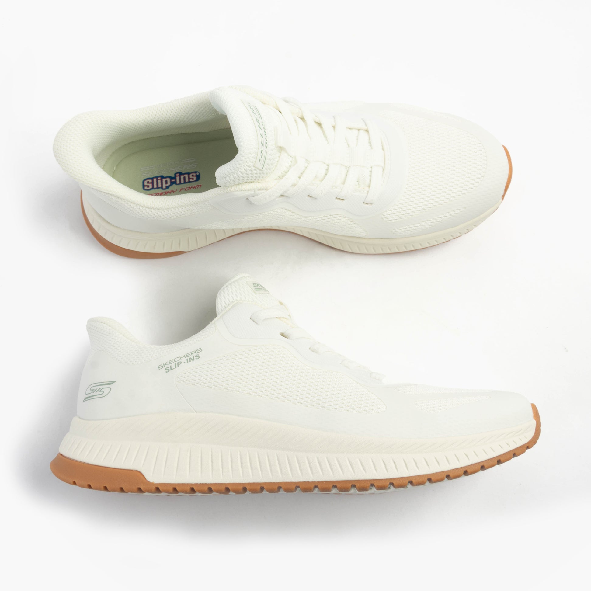 Skechers 117624/WHT BOBS SQUAD 4 - STAPLE LOOK Womens Trainers White top view and side view with rubber sole.