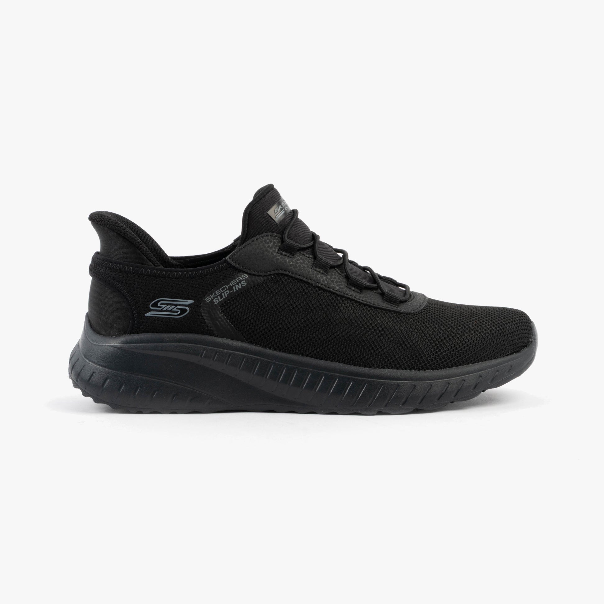 Skechers 118303/BBK BOBS SQUAD CHAOS - TOUGH WALK Mens Trainers Black side view with mesh upper and rubber sole.