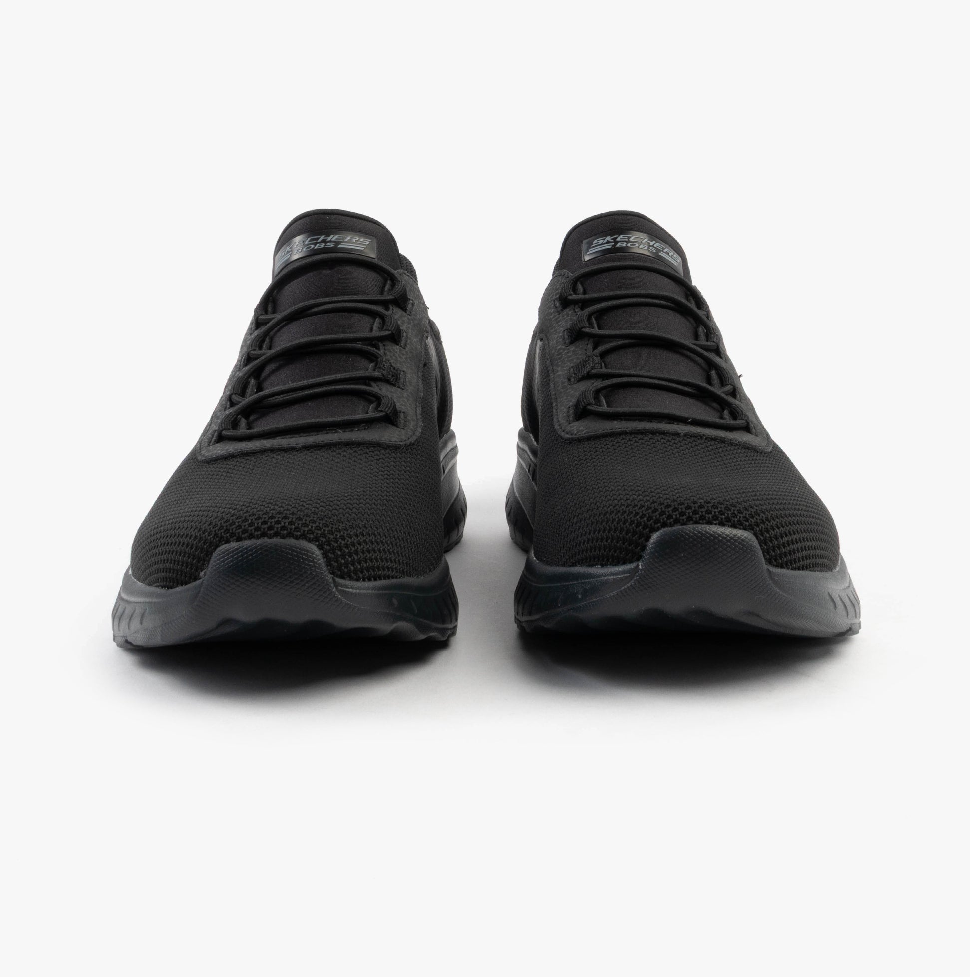 Skechers 118303/BBK BOBS SQUAD CHAOS - TOUGH WALK Mens Trainers Black front view with lace-up closure and mesh upper.