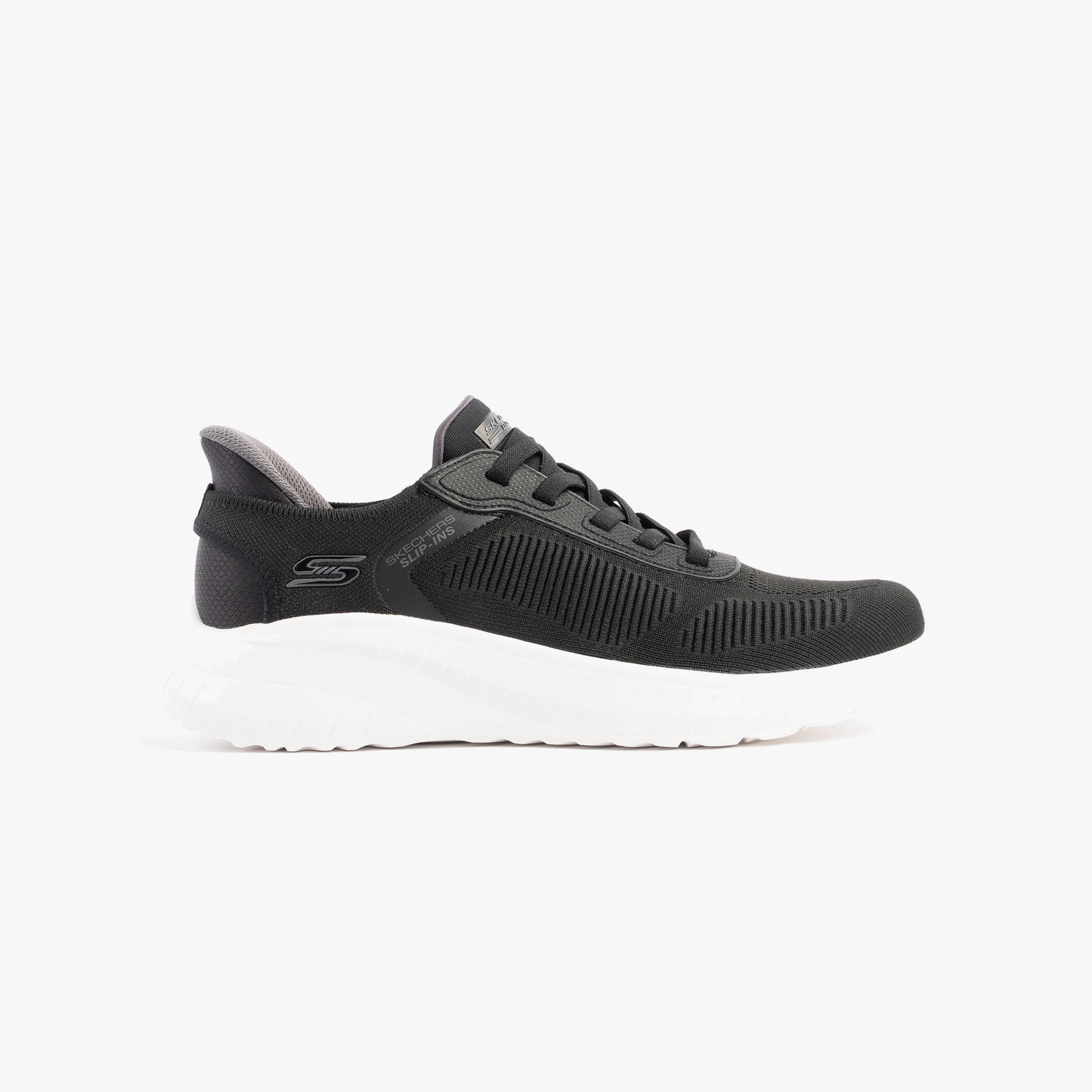 Skechers 118312/BLK BOB SQUAD CHAOS - SOLID STEP Mens Trainers Black side view with textured upper and white sole.