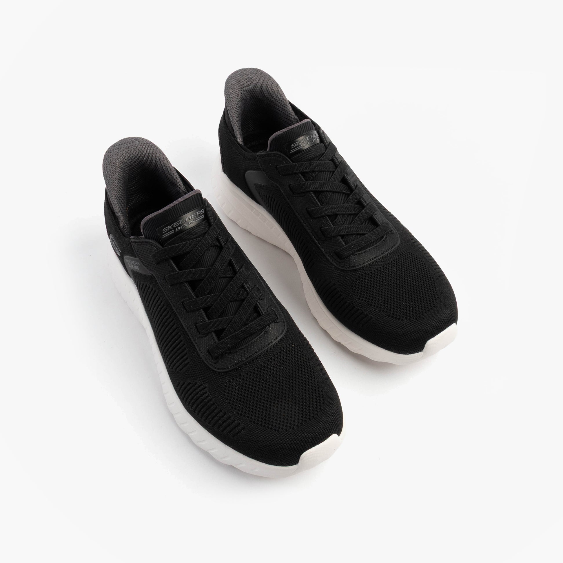 Skechers 118312/BLK BOB SQUAD CHAOS - SOLID STEP Mens Trainers Black top view showing the lace-up design and textile upper.