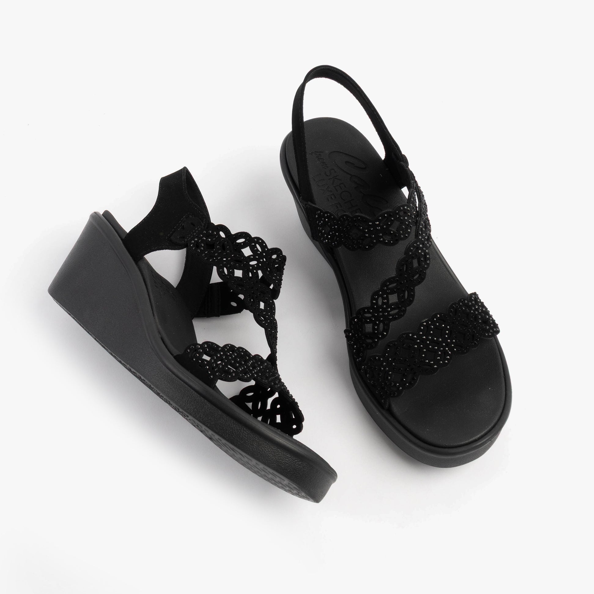 Skechers 119617/BBK RUMBLE ON - SASSIER DAYZ Womens Sandals Black, side view showing synthetic upper and wedge heel design.