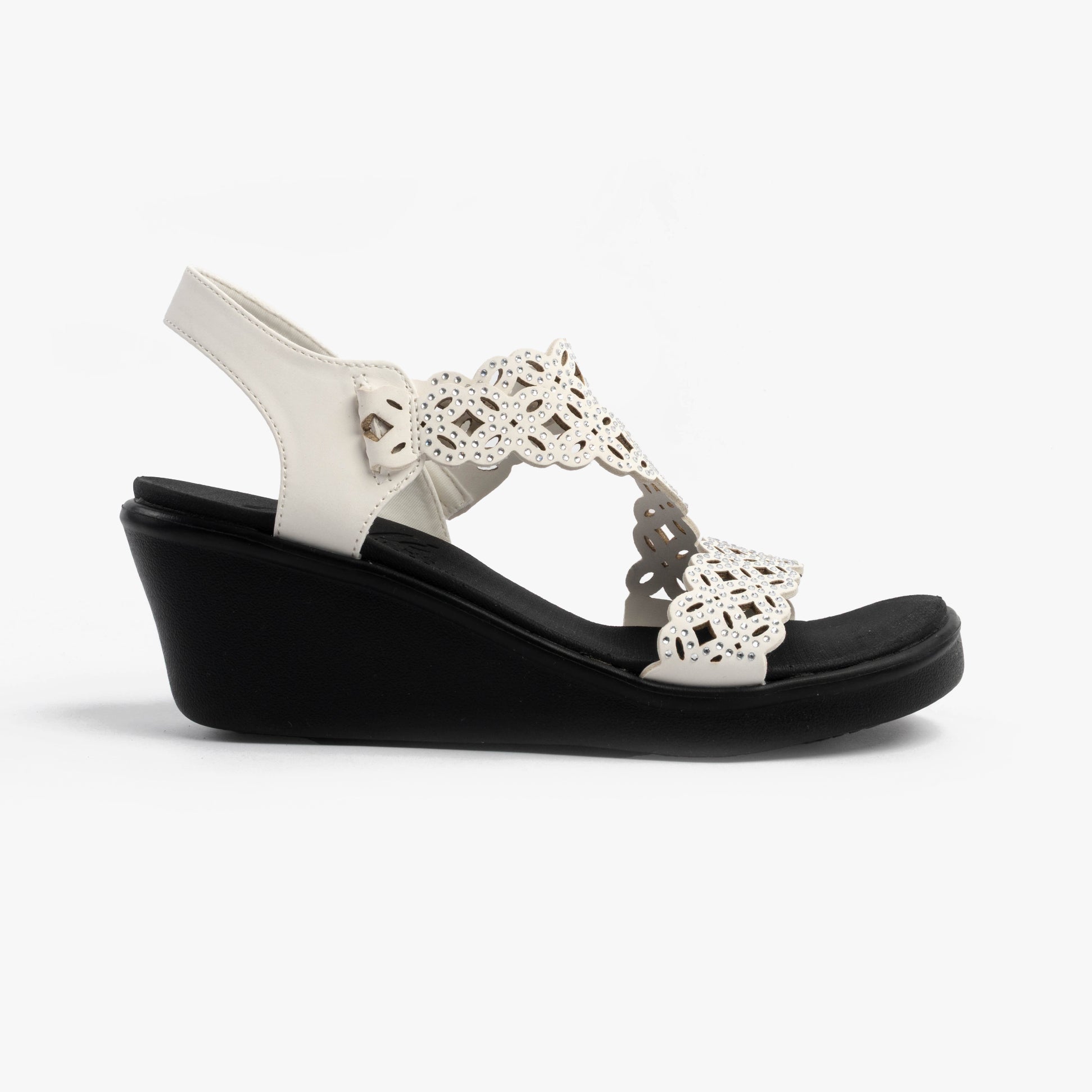 Skechers 119617/WHT RUMBLE ON - SASSIER DAYZ Womens Sandals White side view with wedge heel and synthetic leather details.