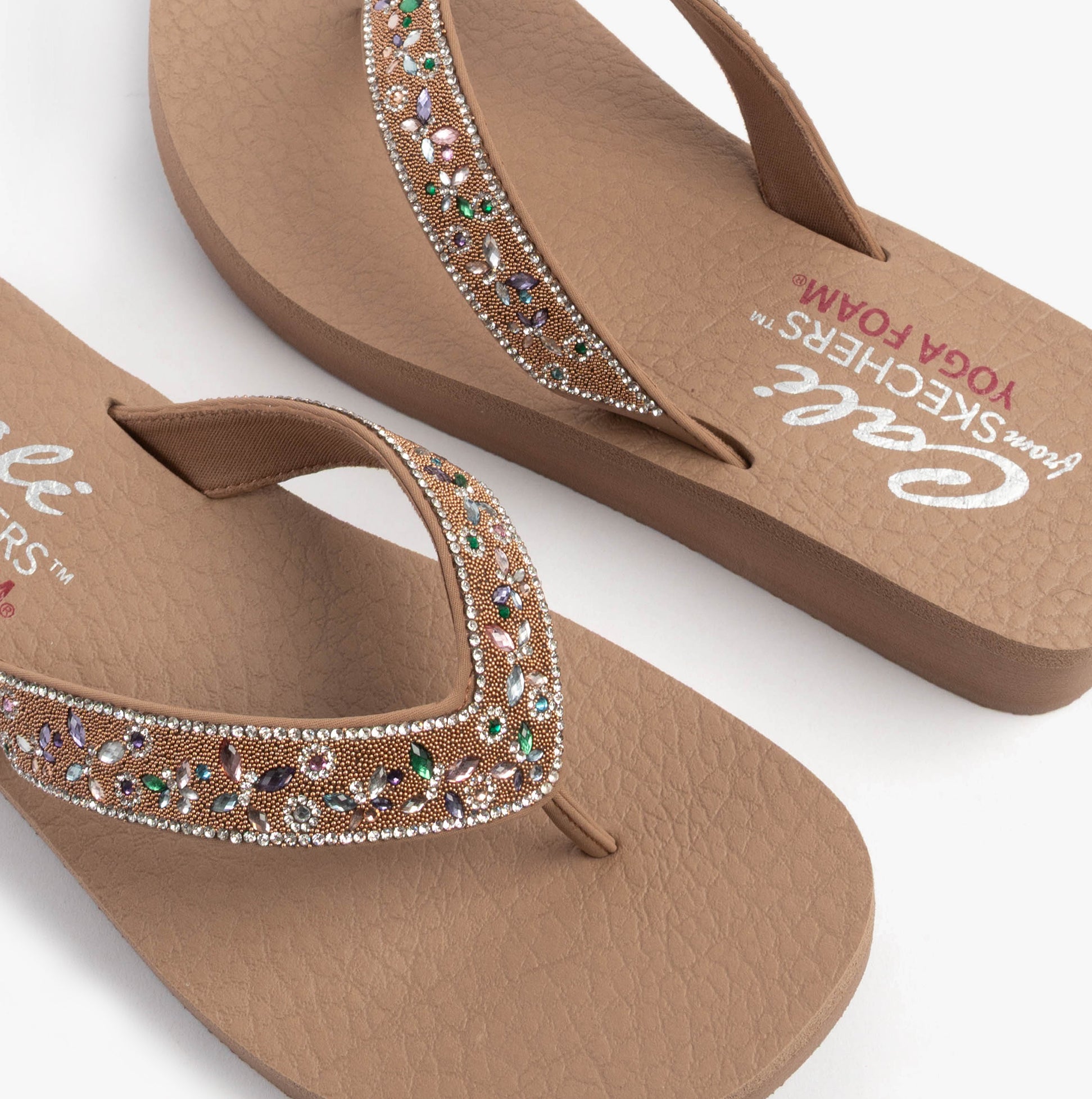 Skechers 119642/MOC VINYASA - BUTTERFLY KISS Womens Sandals Mocca top view showcasing sparkling embellishments.