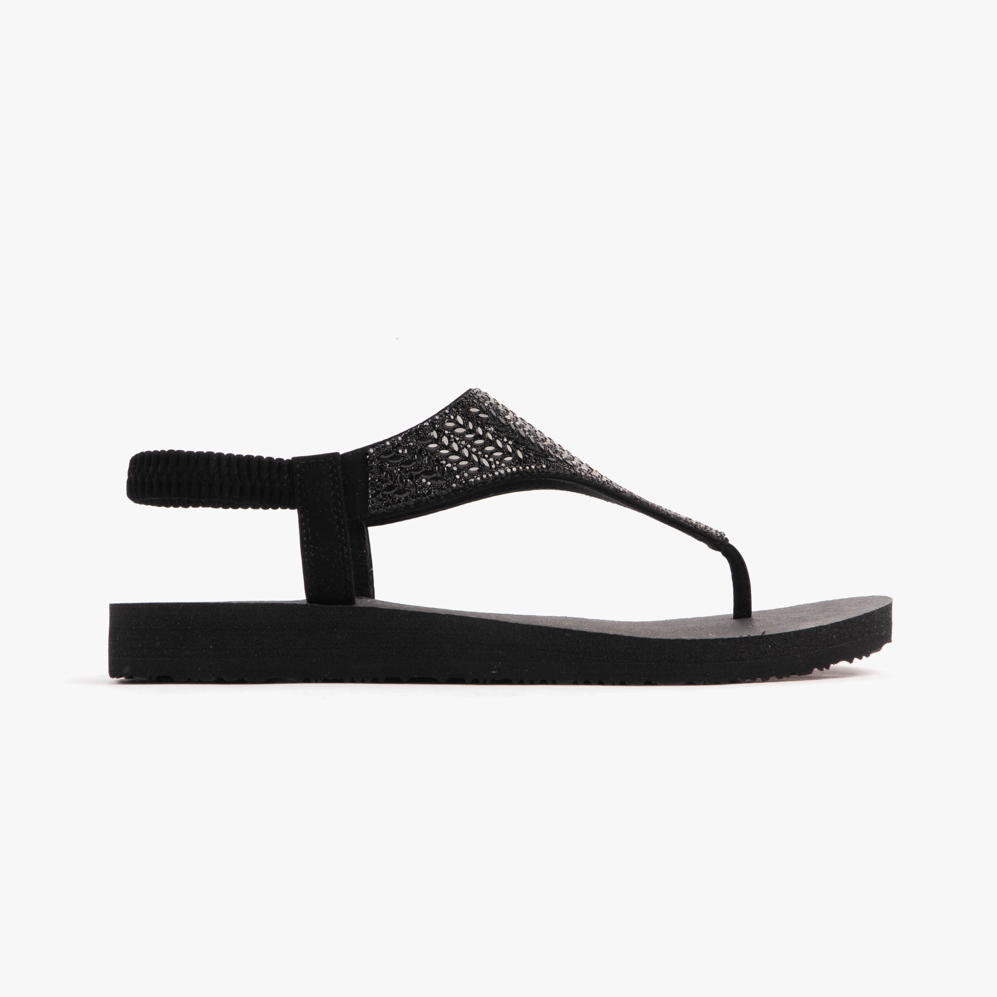 Skechers 119774/BBK MEDITATION - GLAMOROUS MUSE Womens Sandals Black side view showcasing synthetic upper and flat rubber sole.