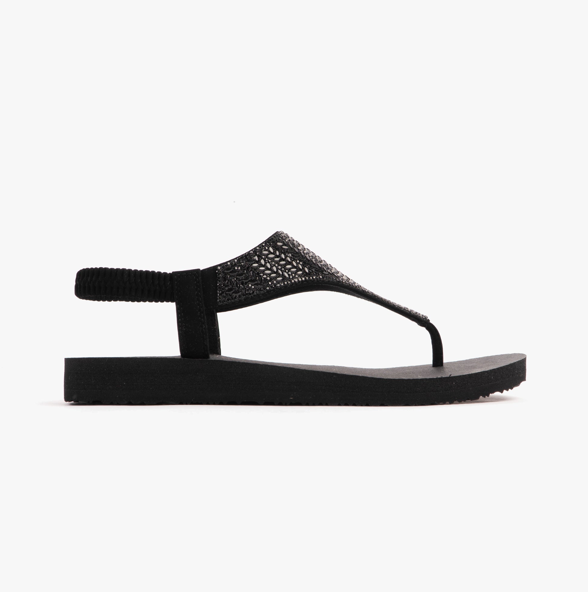 Skechers 119774/BBK MEDITATION - GLAMOROUS MUSE Womens Sandals Black side view showcasing synthetic upper and flat rubber sole.