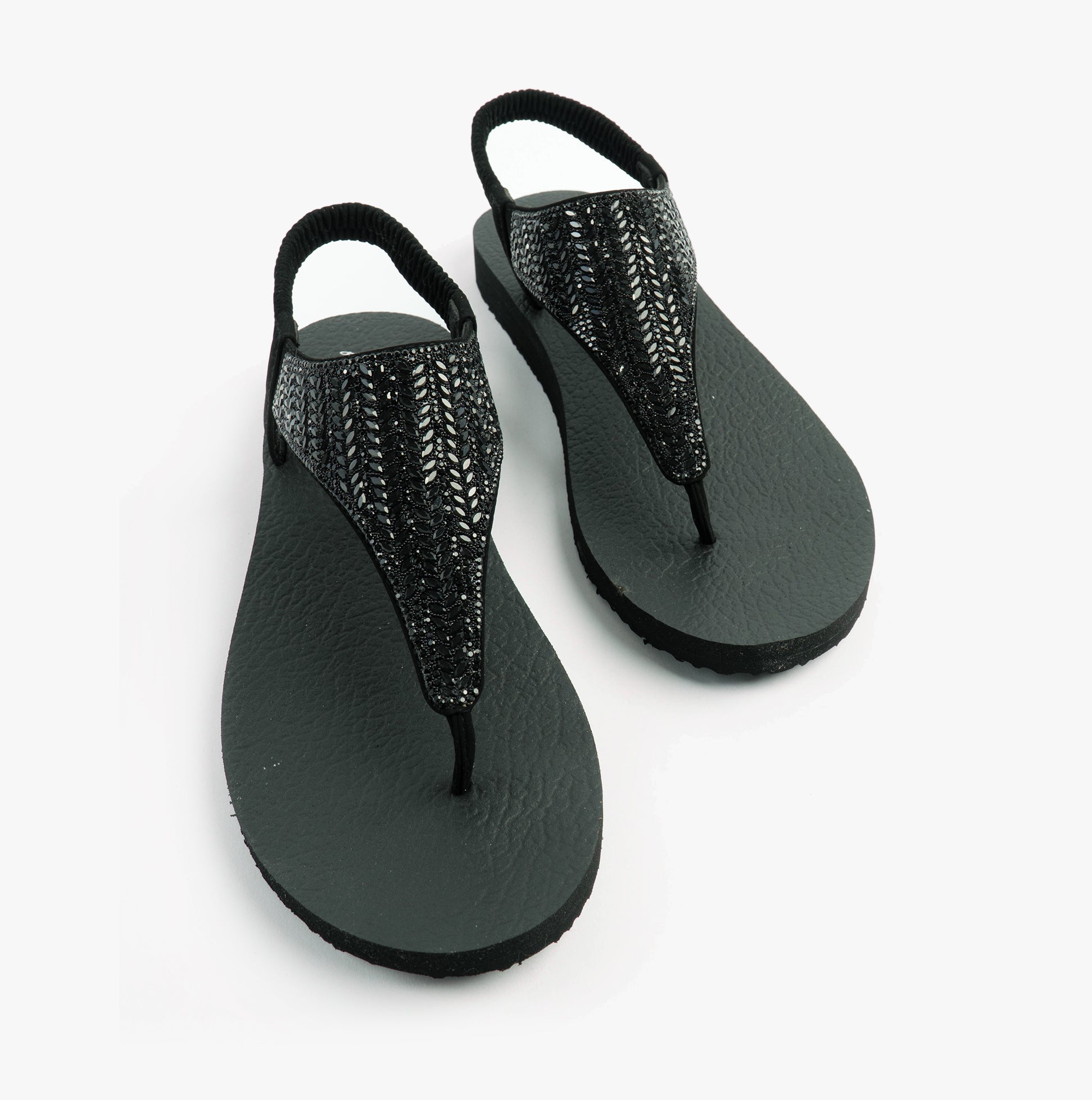 Skechers 119774/BBK MEDITATION - GLAMOROUS MUSE Womens Sandals Black top view with shiny synthetic upper and rubber sole.