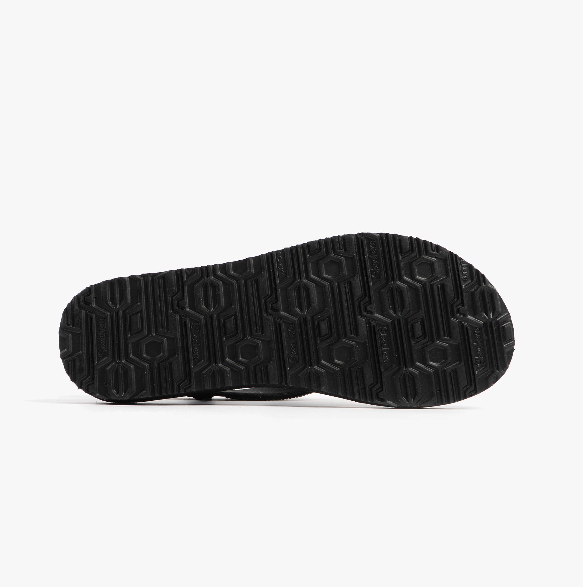 Skechers 119774/BBK MEDITATION - GLAMOROUS MUSE Womens Sandals Black bottom view showcasing rubber sole design.