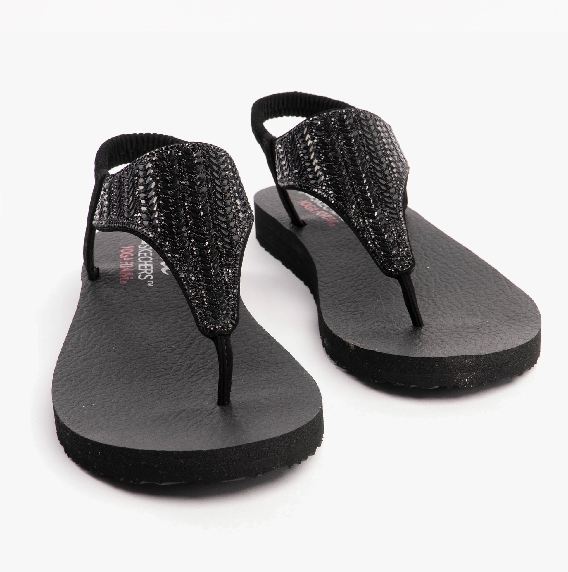 Skechers 119774/BBK MEDITATION - GLAMOROUS MUSE Womens Sandals Black front view features metallic strap design.