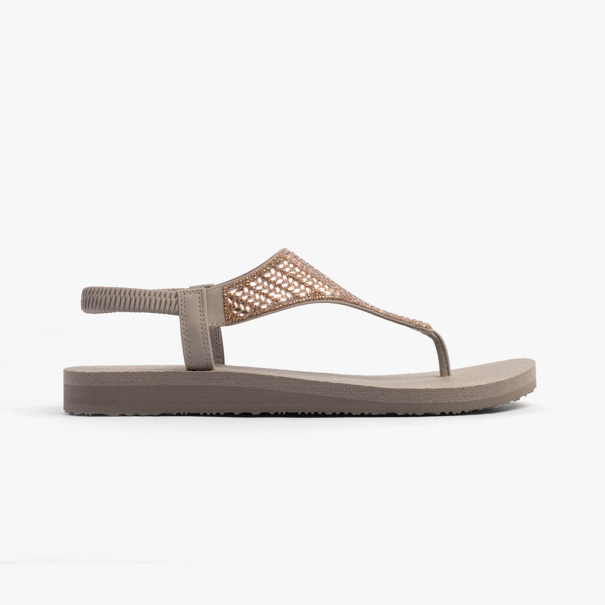 Skechers 119774/TPE MEDITATION - GLAMOROUS MUSE Womens Sandals Taupe side view showing synthetic upper and comfortable sole.