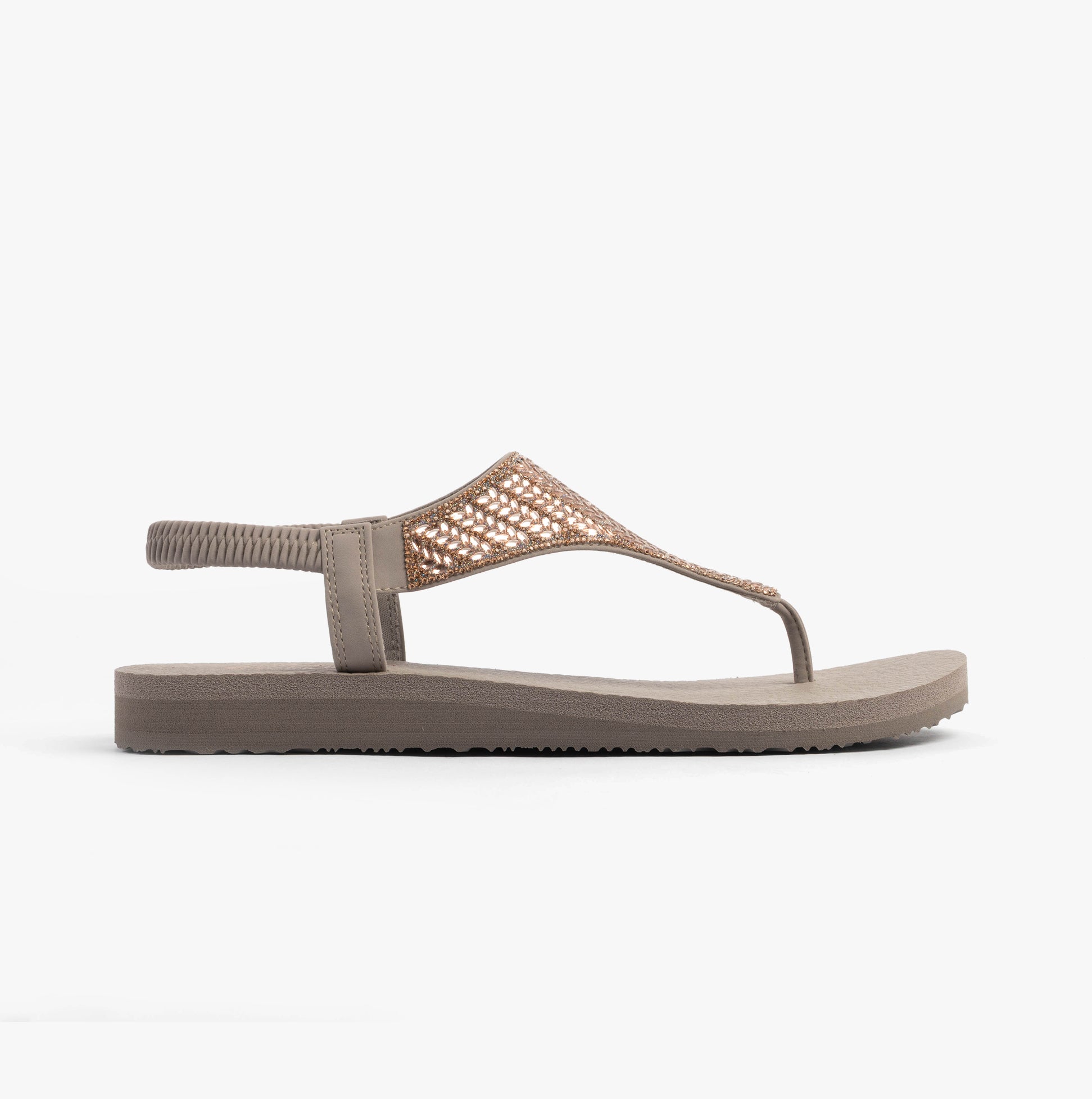 Skechers 119774/TPE MEDITATION - GLAMOROUS MUSE Womens Sandals Taupe side view showing synthetic upper and comfortable sole.
