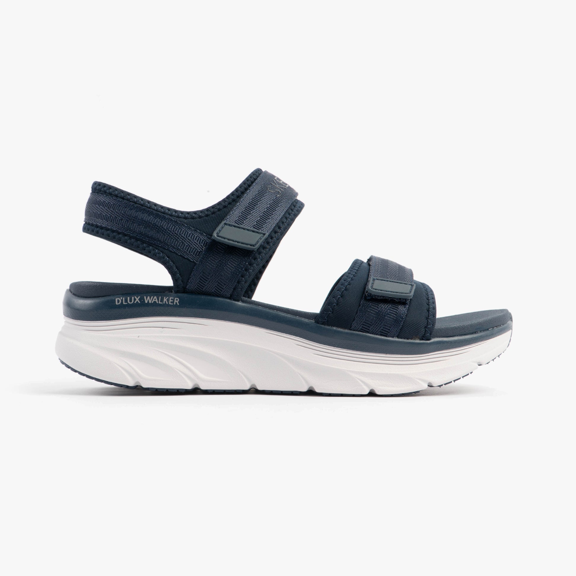 Skechers 119823/NVY D'LUX WALKER - ADORED DAYS Womens Sandals Navy side view featuring adjustable straps and comfortable wedge sole.