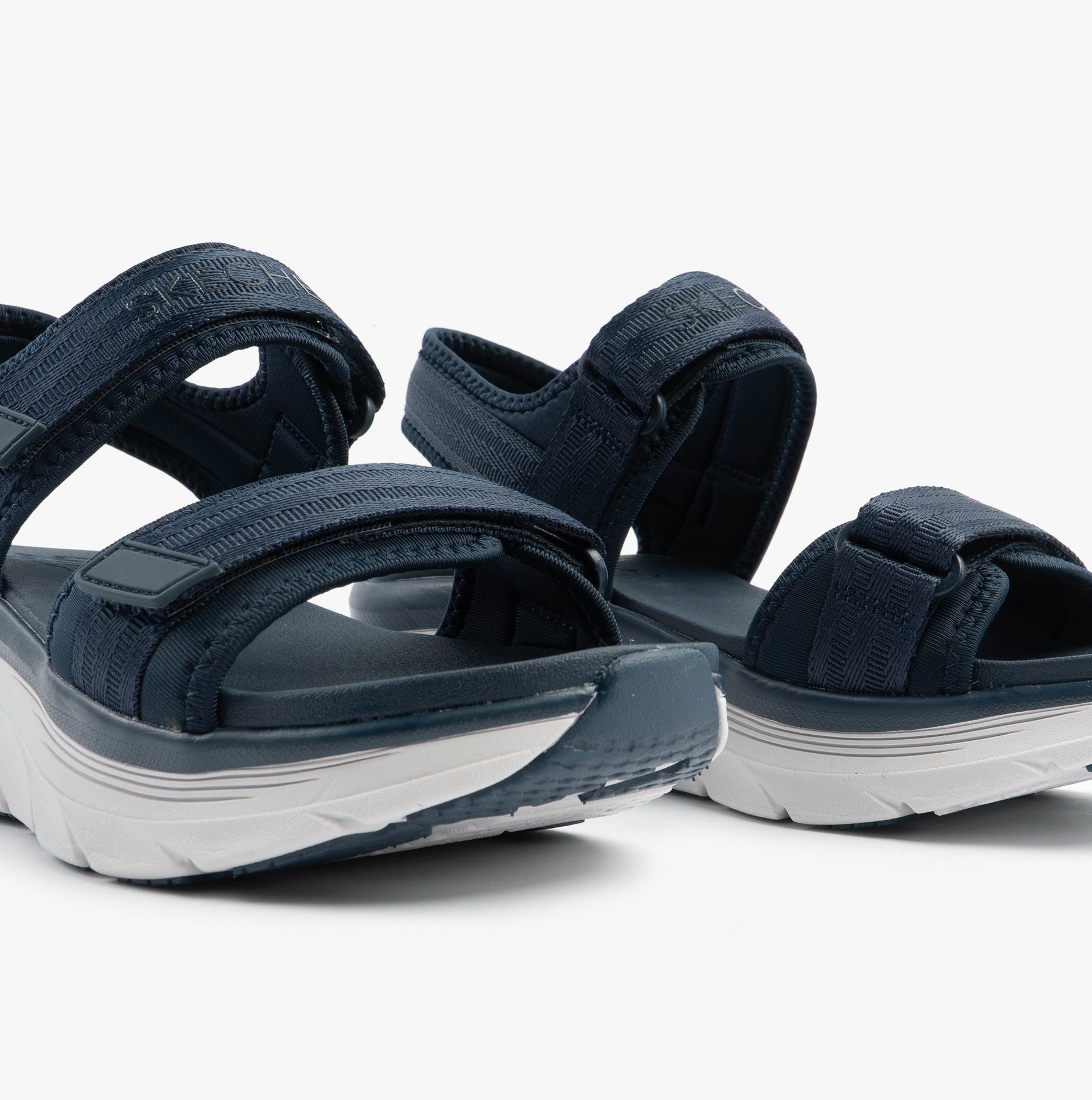 Skechers 119823/NVY D'LUX WALKER - ADORED DAYS Womens Sandals Navy side view showcasing textile upper and touch fasten closures.