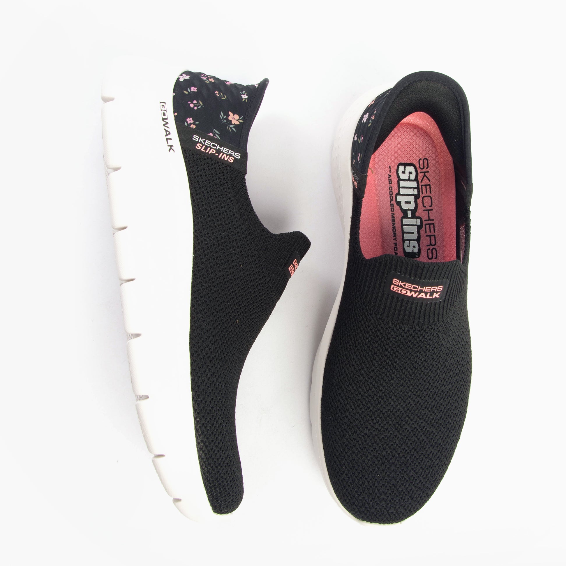 Skechers 124822/BKPK GO WALK FLEX - SUNSET ROSE Womens Trainers Black/Pink top view showing slip-on design and mesh material.