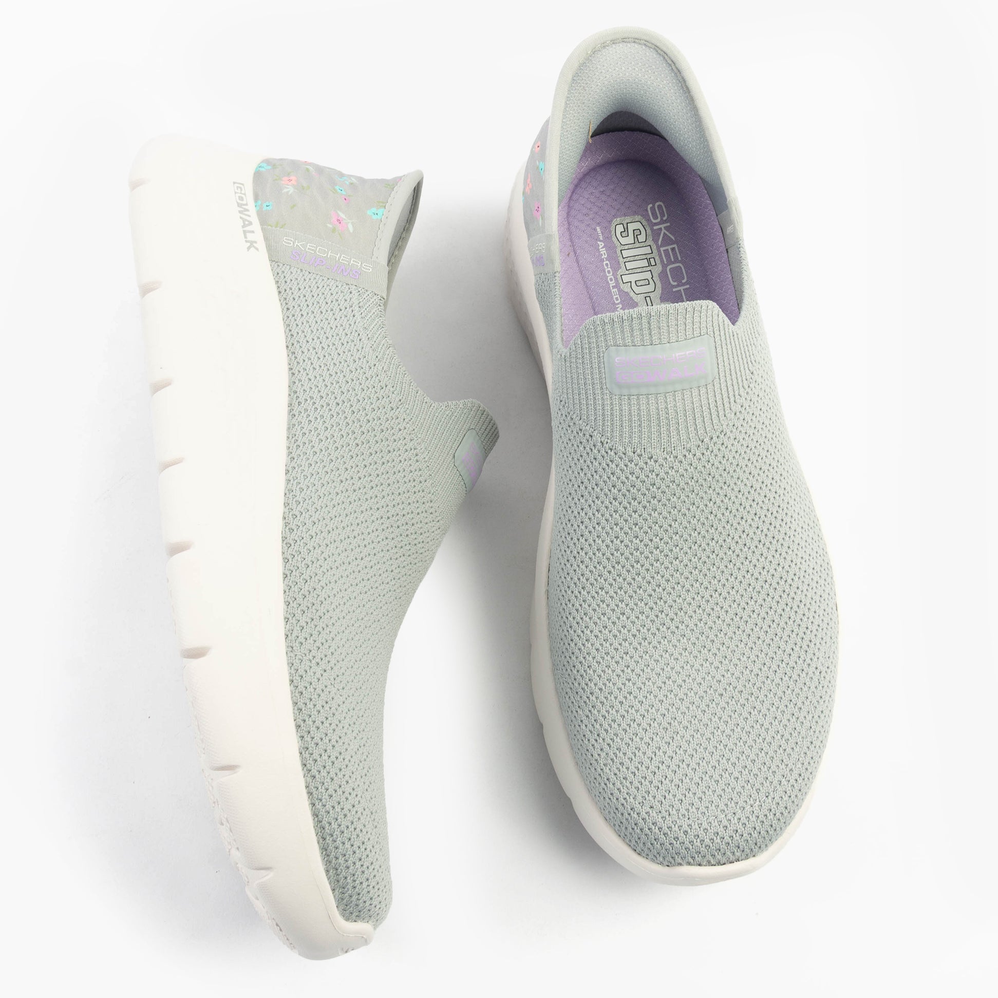 Skechers 124822/GYLV GO WALK FLEX - SUNSET ROSE Womens Trainers Gray/Lavender top view showing slip-on design and mesh upper.