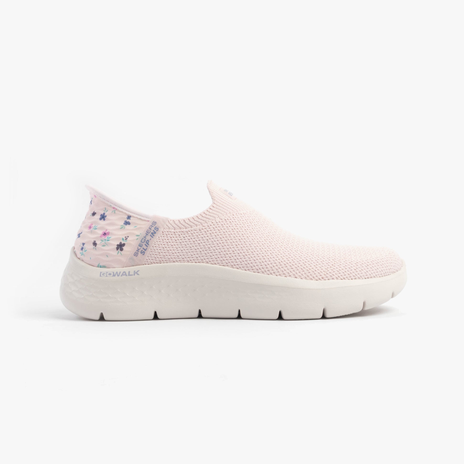 Skechers 124822/LTPK GO WALK FLEX - SUNSET ROSE Womens Trainers Light Pink side view with mesh upper and slip-on design.