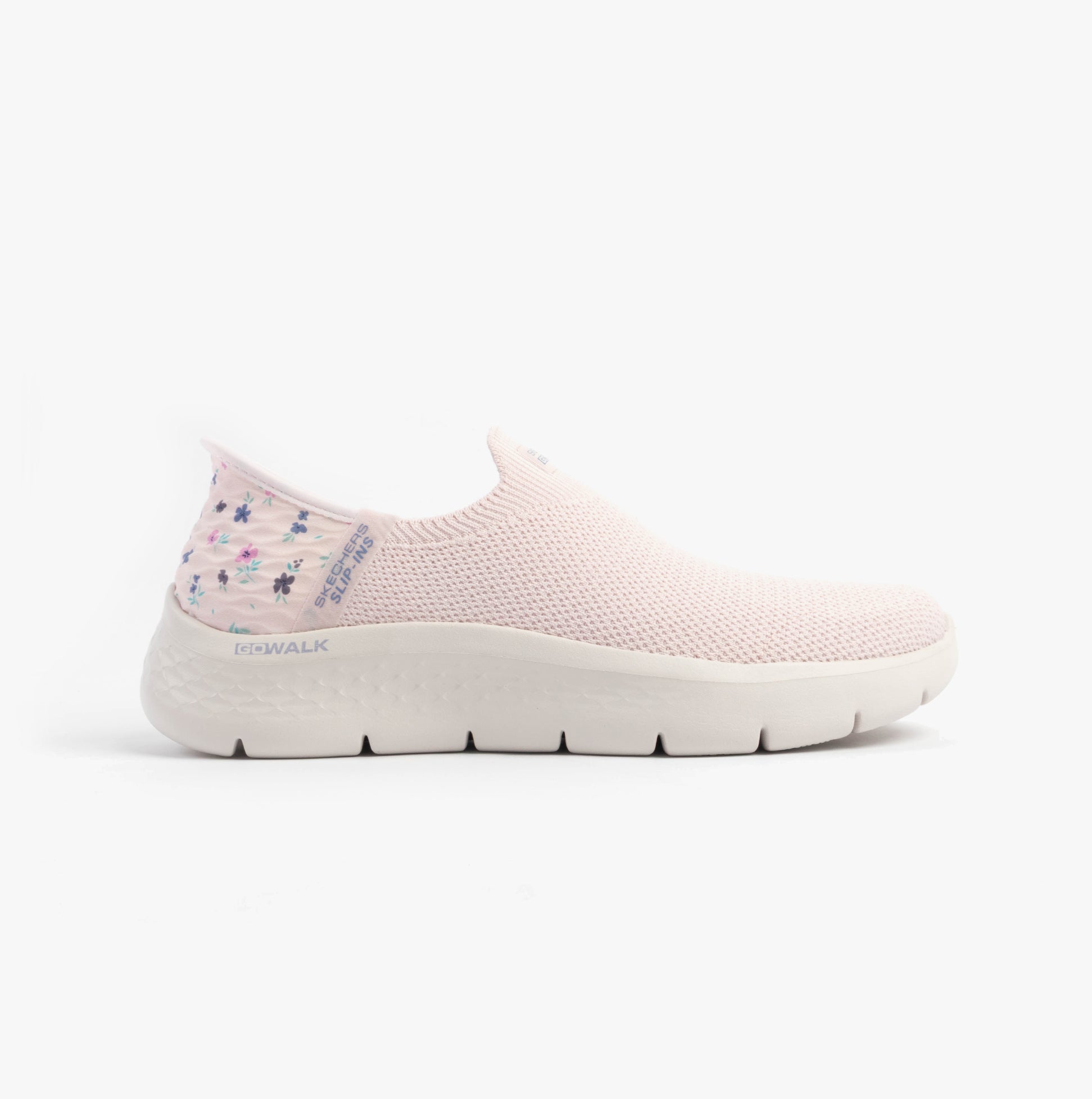 Skechers 124822/LTPK GO WALK FLEX - SUNSET ROSE Womens Trainers Light Pink side view with mesh upper and slip-on design.
