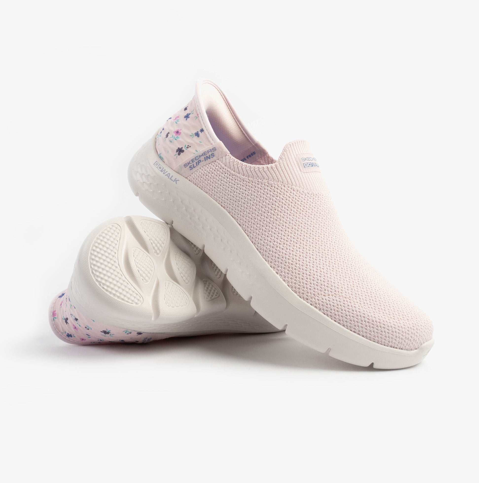 Skechers 124822/LTPK GO WALK FLEX - SUNSET ROSE Womens Trainers Light Pink side view with floral details and slip-on design.