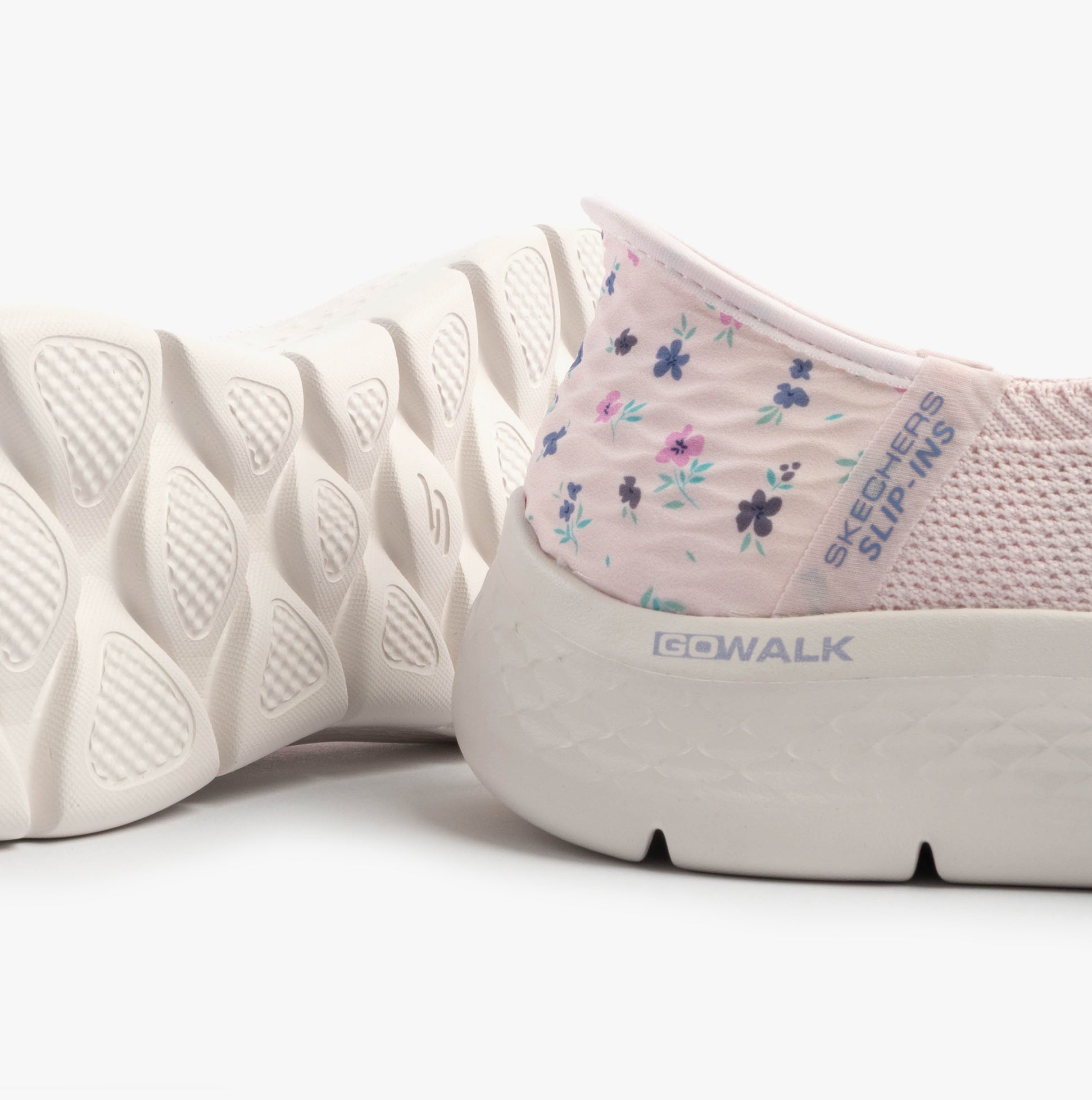 Skechers 124822/LTPK GO WALK FLEX - SUNSET ROSE Womens Trainers Light Pink side view showing floral pattern and sole.