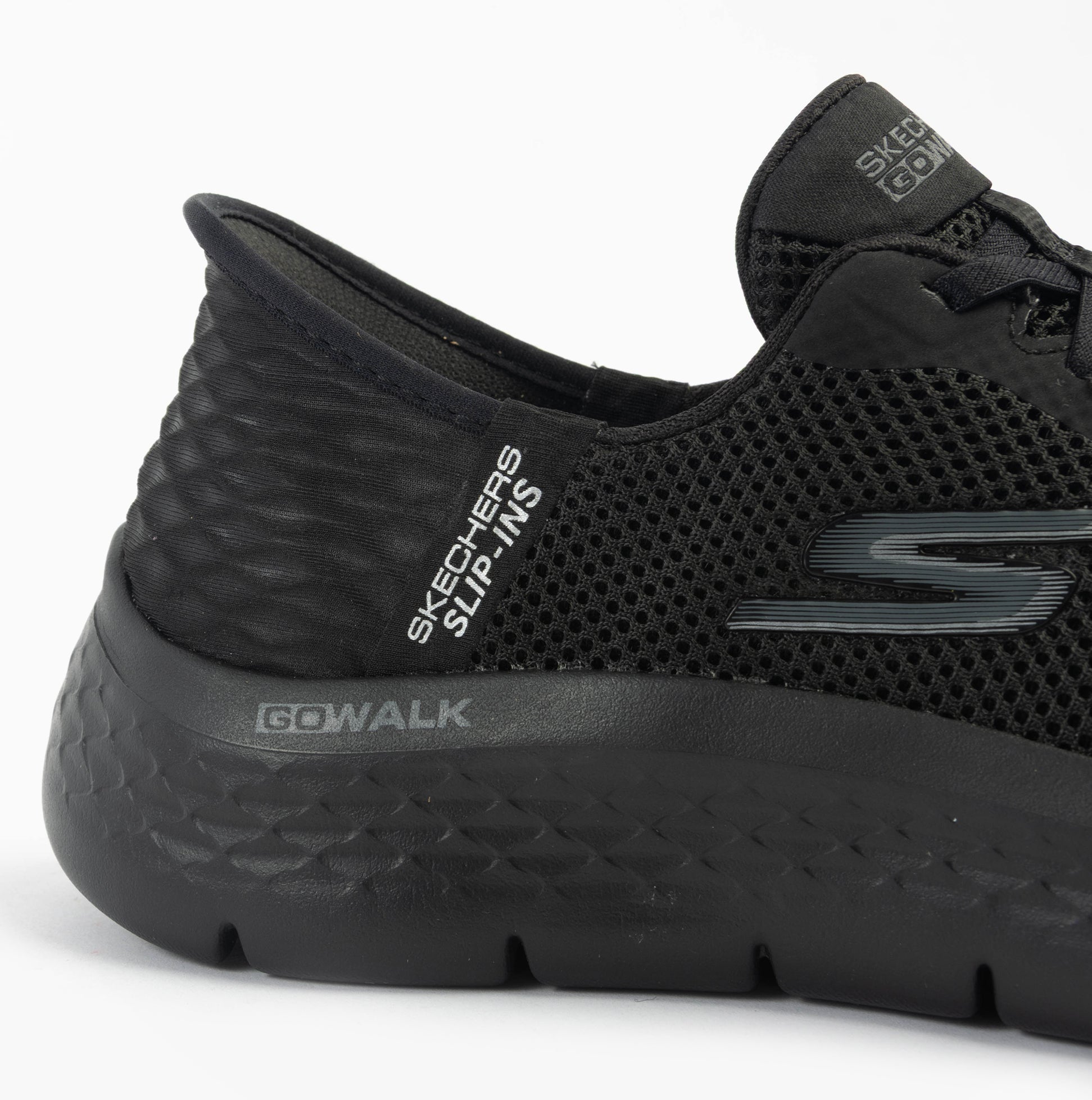 Skechers 124836/BBK GO WALK FLEX - GRAND ENTRY Womens Trainers Black side view showcasing breathable mesh upper and slip-in design.
