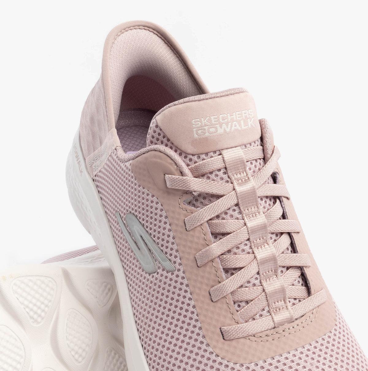Skechers 124836/MVE GO WALK FLEX - GRAND ENTRY Womens Trainers Mauve/Pink top view with laces and synthetic mesh details.