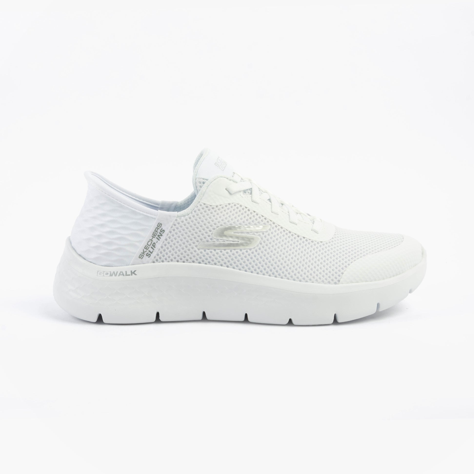 Skechers 124836/WHT GO WALK FLEX - GRAND ENTRY Womens Trainers White side view featuring synthetic upper and rubber sole.