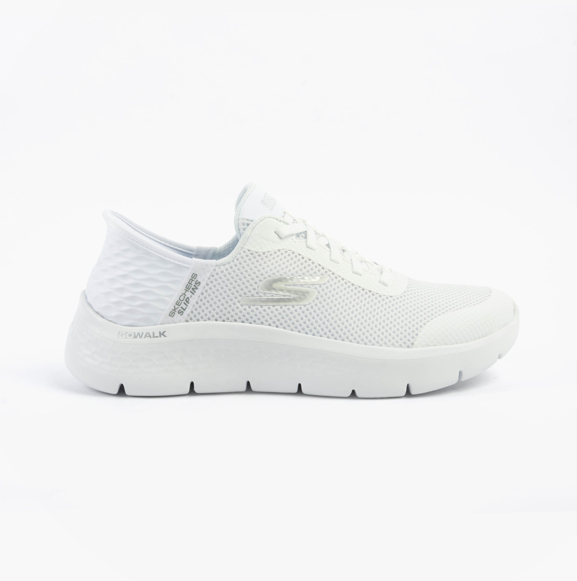 Skechers 124836/WHT GO WALK FLEX - GRAND ENTRY Womens Trainers White side view featuring synthetic upper and rubber sole.