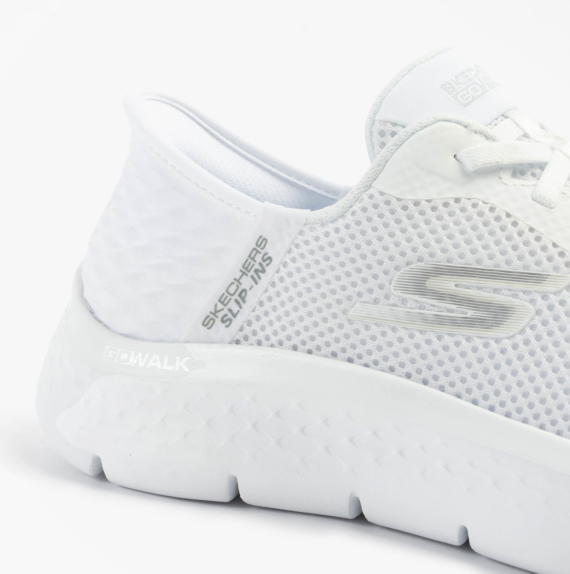Skechers 124836/WHT GO WALK FLEX - GRAND ENTRY Womens Trainers White side view showing the synthetic upper and low top design.