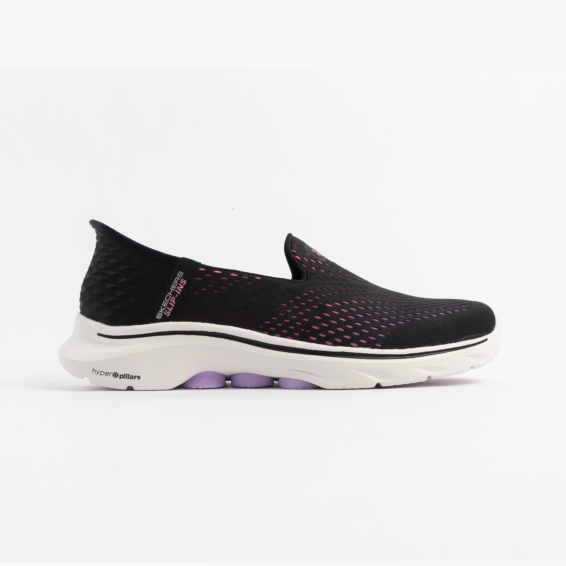 Skechers 125211/BKMT GO WALK 7 - KATNISS Womens Trainers Black/Multi side view showing relaxed slip-on design.