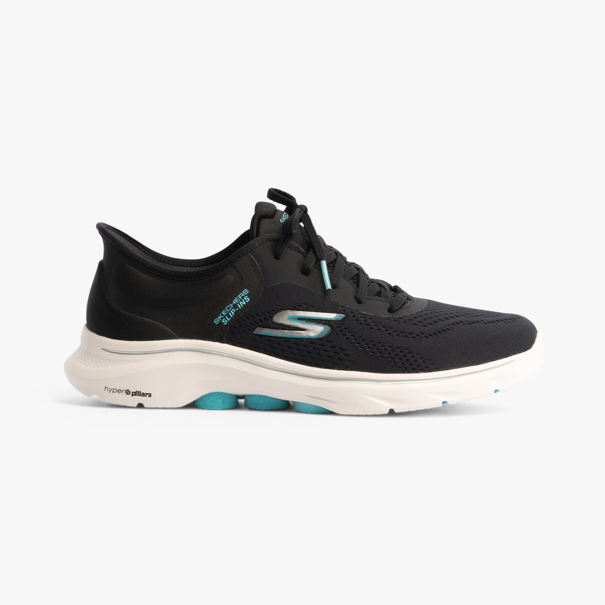 Skechers 125233/BKAQ GO WALK 7 - VALIN Womens Trainers Black/Aqua side view showcasing comfort and style.