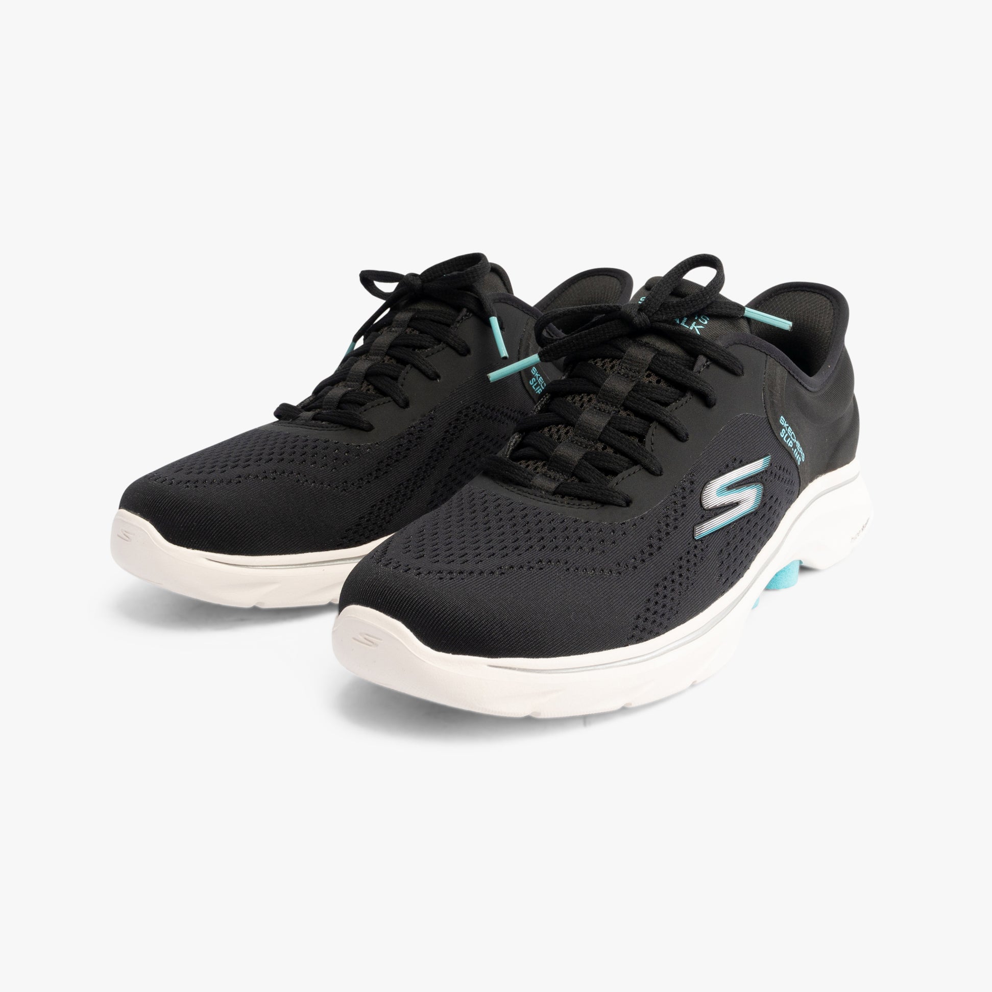Skechers 125233/BKAQ GO WALK 7 - VALIN Womens Trainers Black/Aqua side view, featuring lace-up closure and memory foam.