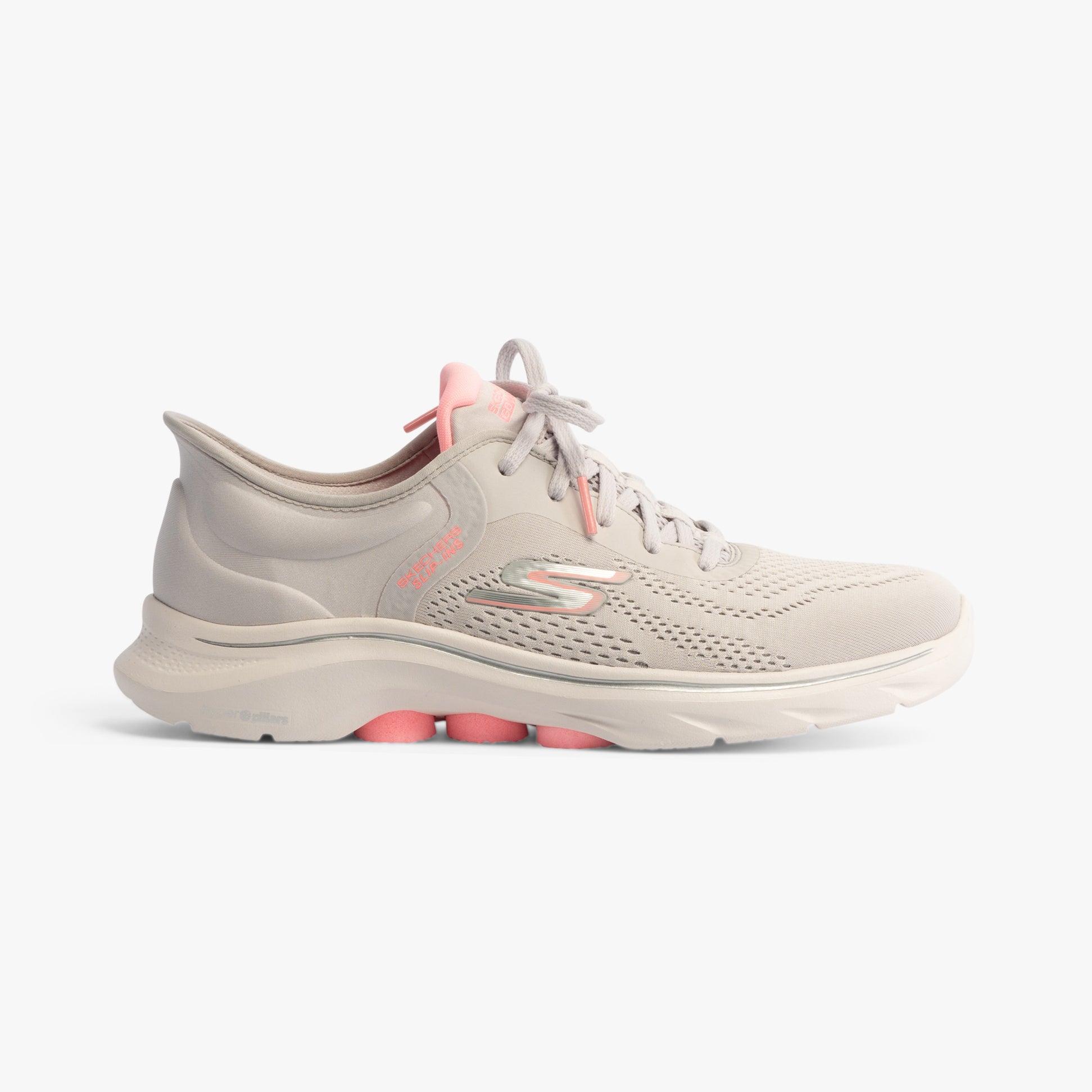 Skechers 125233/GYPK GO WALK 7 - VALIN Womens Trainers Gray/Pink side view featuring a lightweight textile upper.
