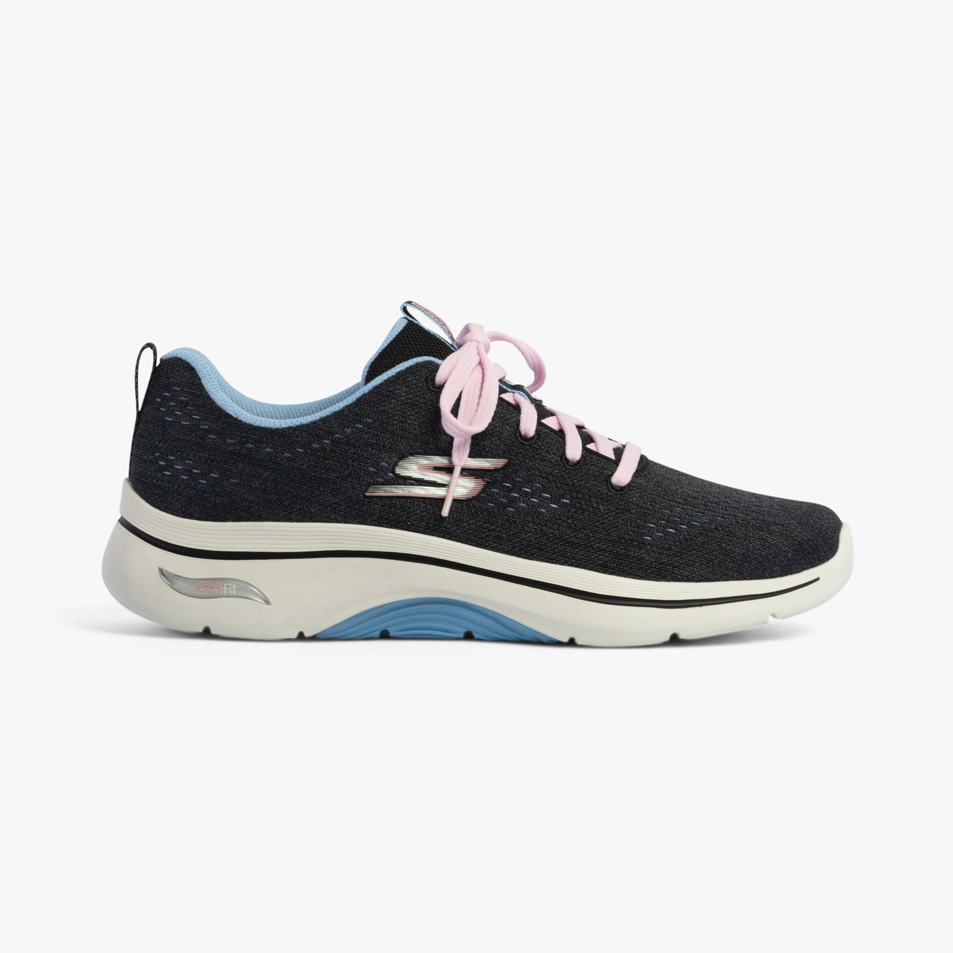 Skechers 125311/BKBL GO WALK ARCH FIT 2.0 - VIVID SUNSET Womens Trainers Black/Blue side view showcasing lace-up design.