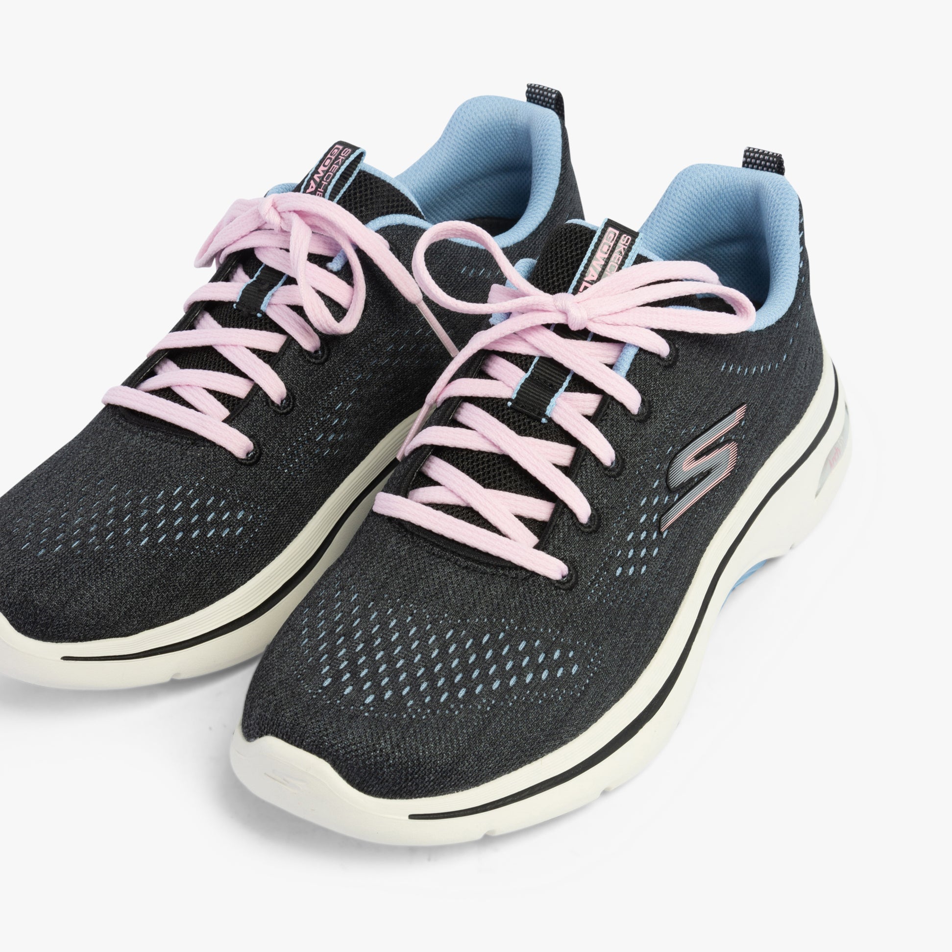Skechers 125311/BKBL GO WALK ARCH FIT 2.0 - VIVID SUNSET Womens Trainers Black/Blue top view with pink laces.