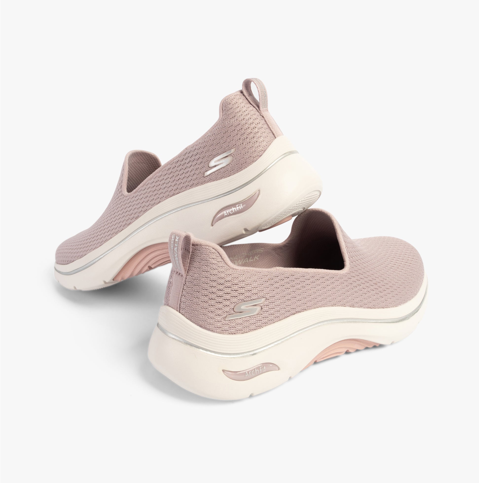 Skechers 125313/MVE GO WALK ARCH FIT 2.0 - SAIDA Womens Trainers Mauve rear view with pink and white sole.