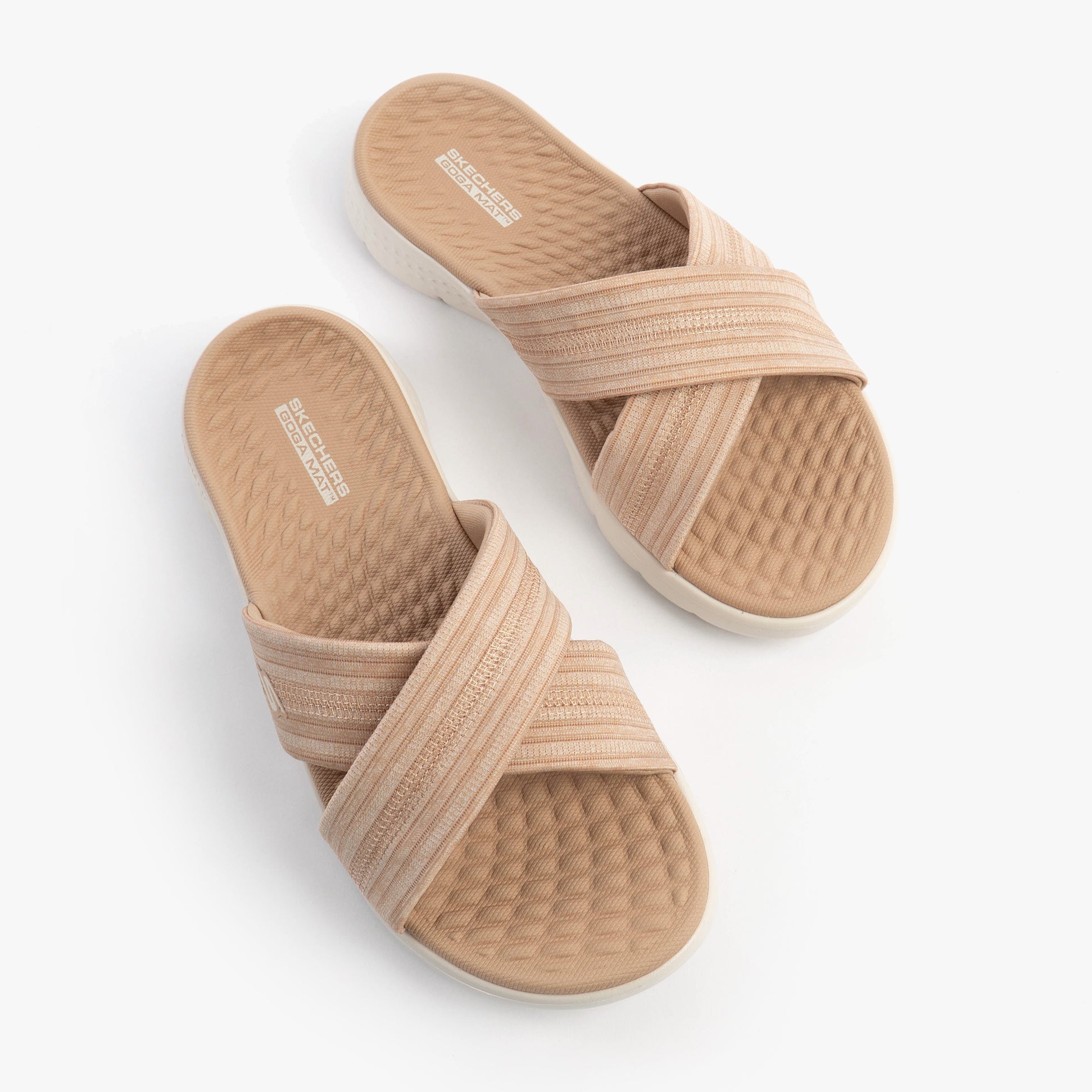 Skechers 141420/TPE GO WALK FLEX SANDAL - IMPRESSED Womens Sandals Taupe top view showing stylish cross strap design.