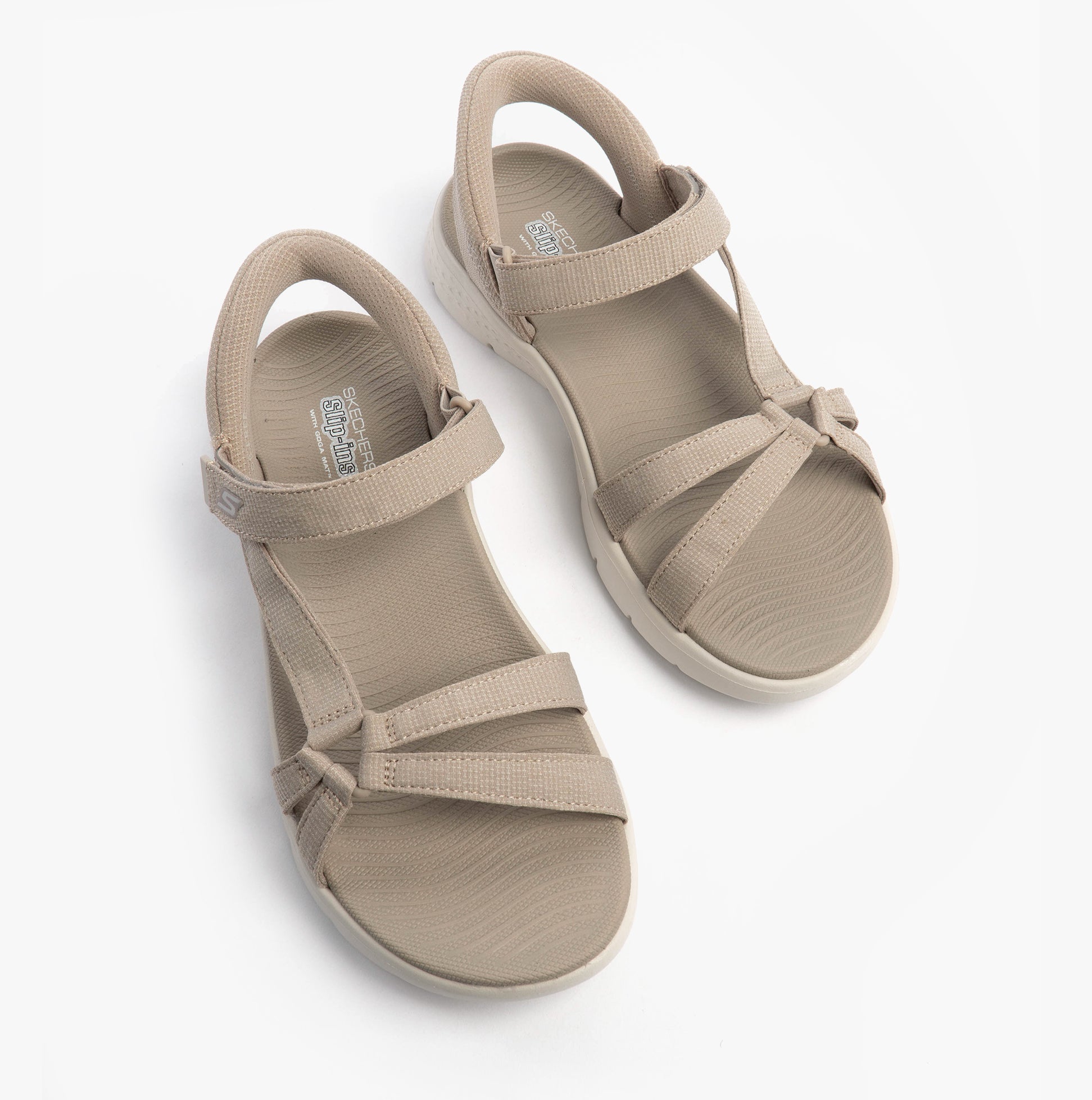 Skechers 141481/TPE GO WALK FLEX SANDAL - ILLUMINATE Womens Sandals Taupe top view with straps and cushioned footbed.