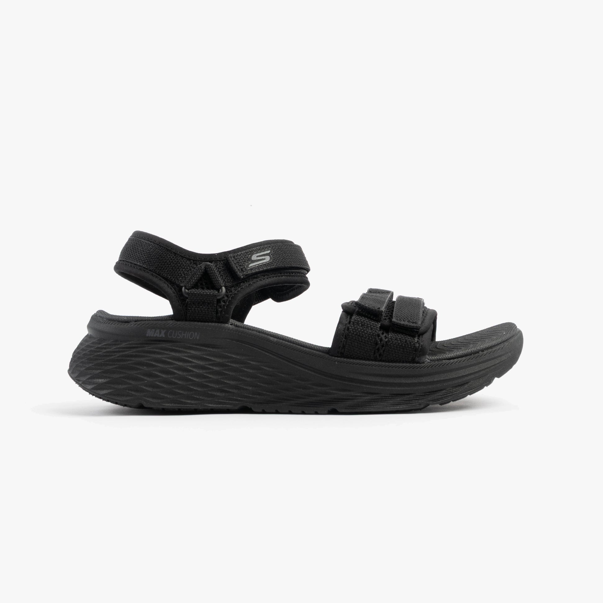 Skechers 141617/BBK MAX CUSHIONING ELITE 2.0 - JESSIE Womens Sandals Black side view with adjustable straps and cushioned sole.