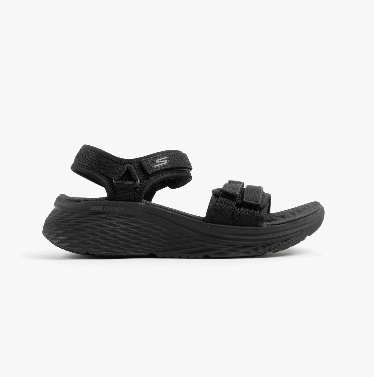 Skechers 141617/BBK MAX CUSHIONING ELITE 2.0 - JESSIE Womens Sandals Black side view with adjustable straps and cushioned sole.