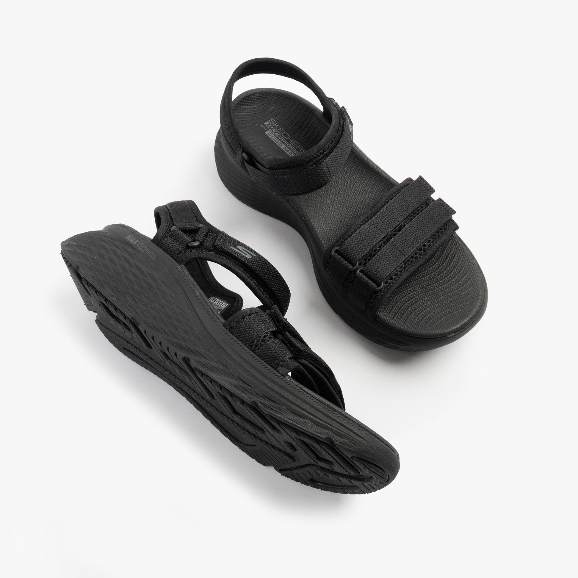 Skechers 141617/BBK MAX CUSHIONING ELITE 2.0 - JESSIE Womens Sandals Black top and side view, featuring straps and rubber sole.