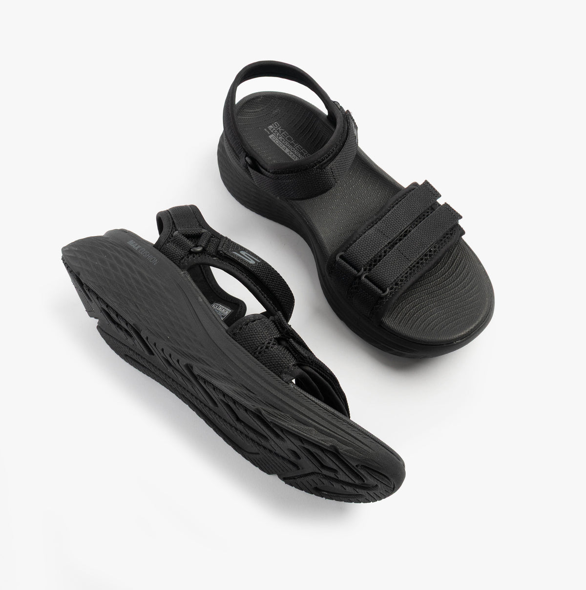 Skechers 141617/BBK MAX CUSHIONING ELITE 2.0 - JESSIE Womens Sandals Black top and side view, featuring straps and rubber sole.